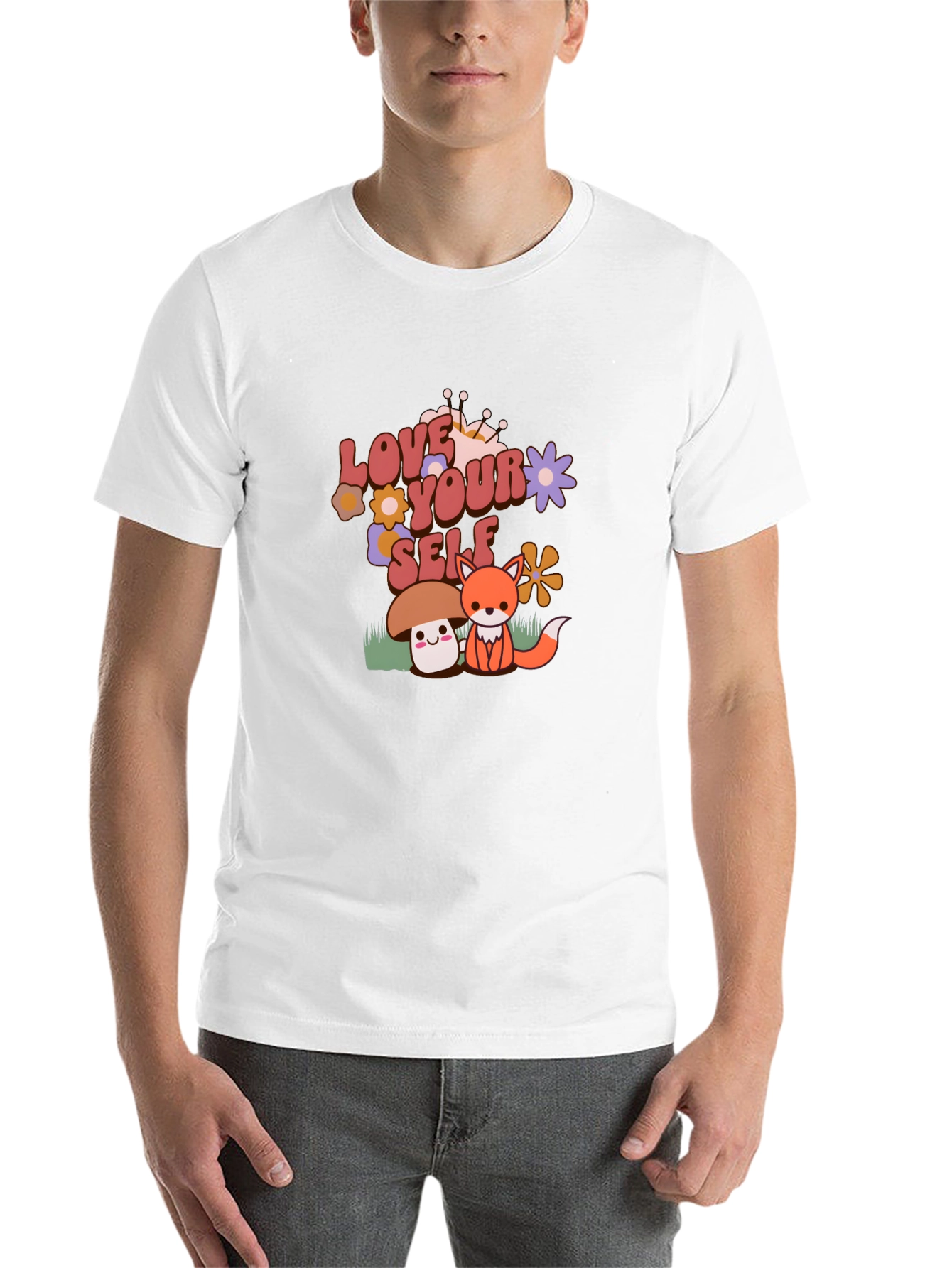 Black Love Yourself T-Shirt with Cute Mushroom and Fox Design view 14