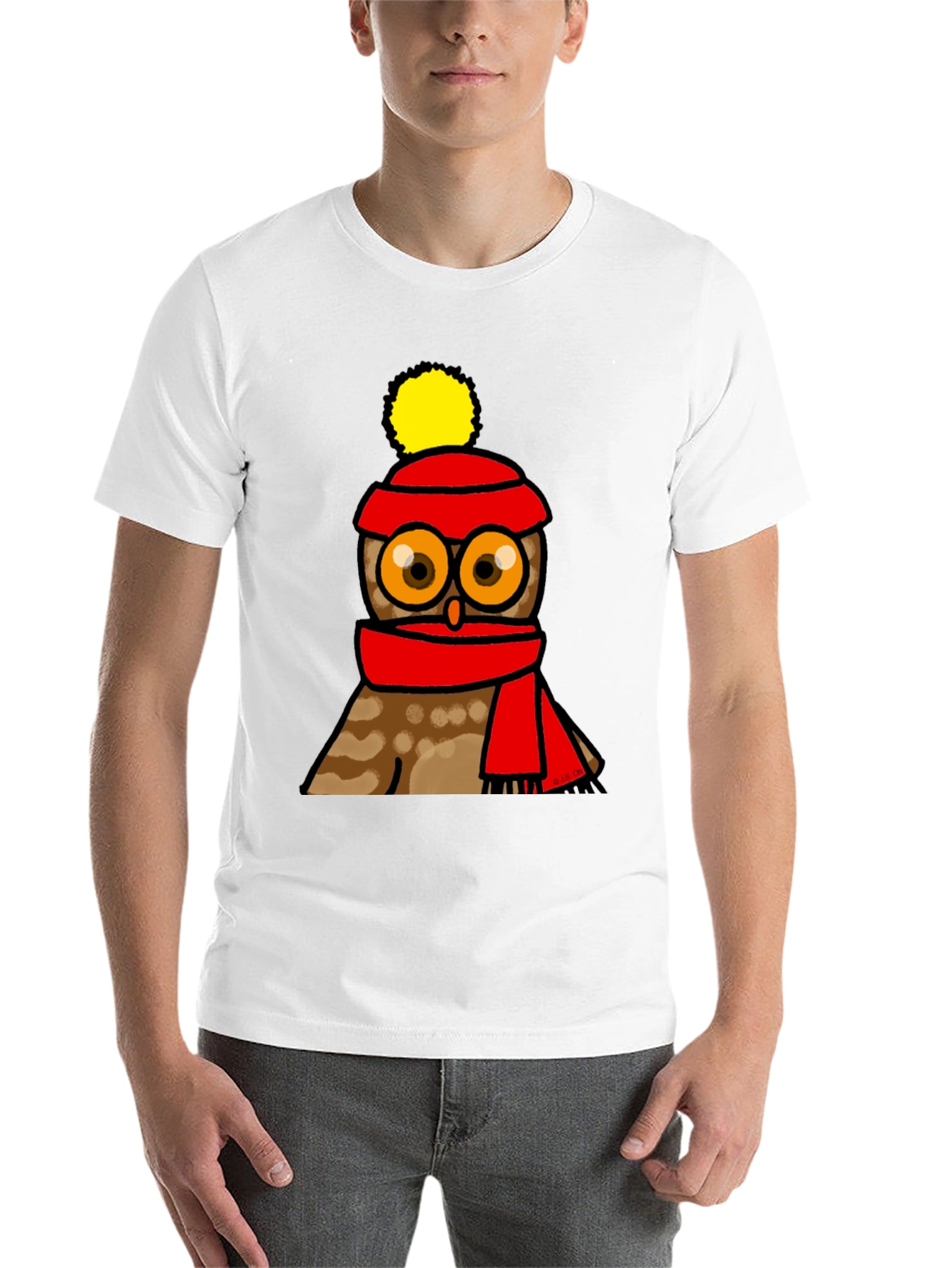 Black Cute Owl in Hat & Scarf Graphic T-Shirt view 14