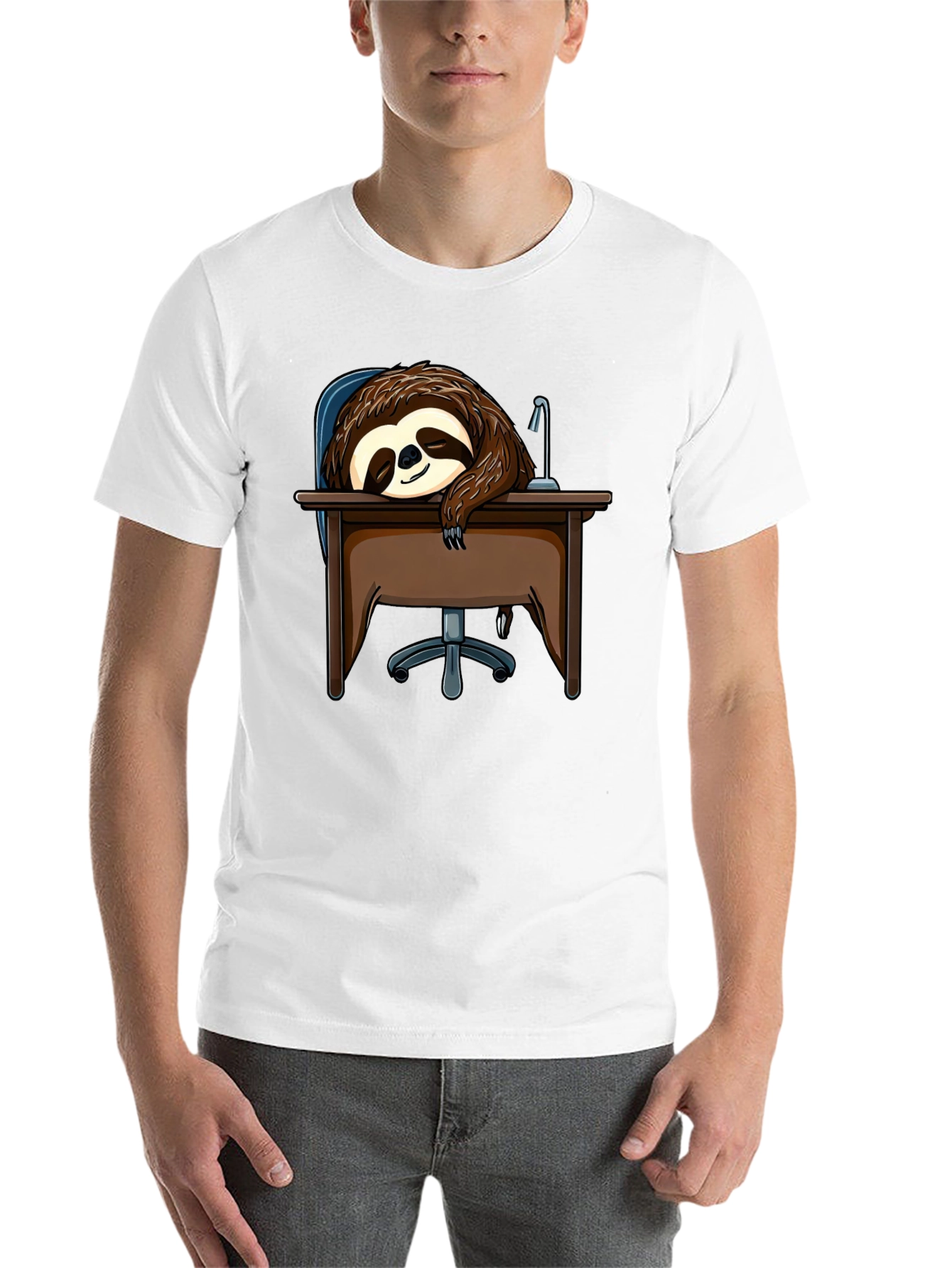 Sleeping Sloth on Desk T-Shirt - Funny Lazy Animal Tee - 14