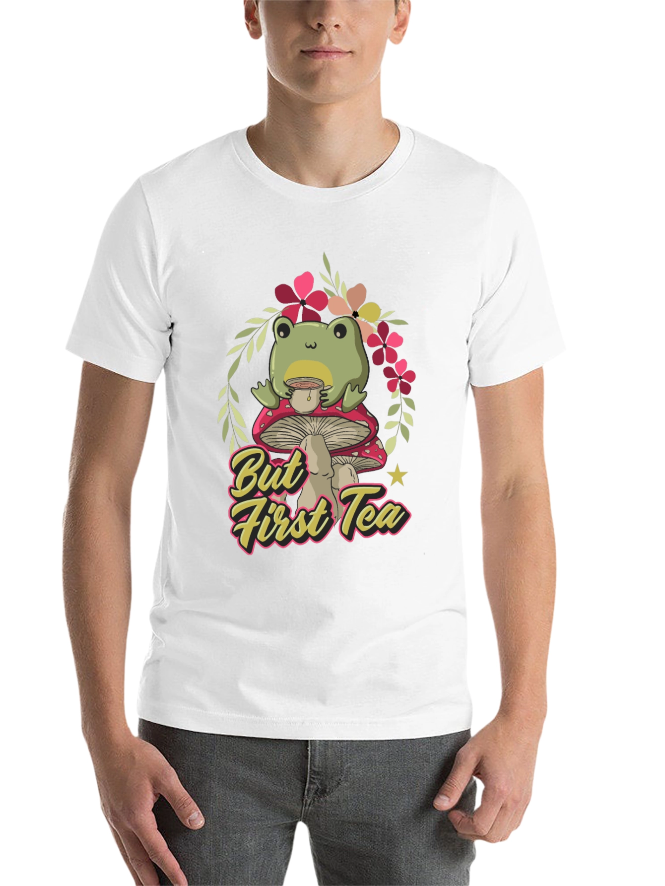 Black Frog Sipping Tea on Mushroom T-Shirt view 14