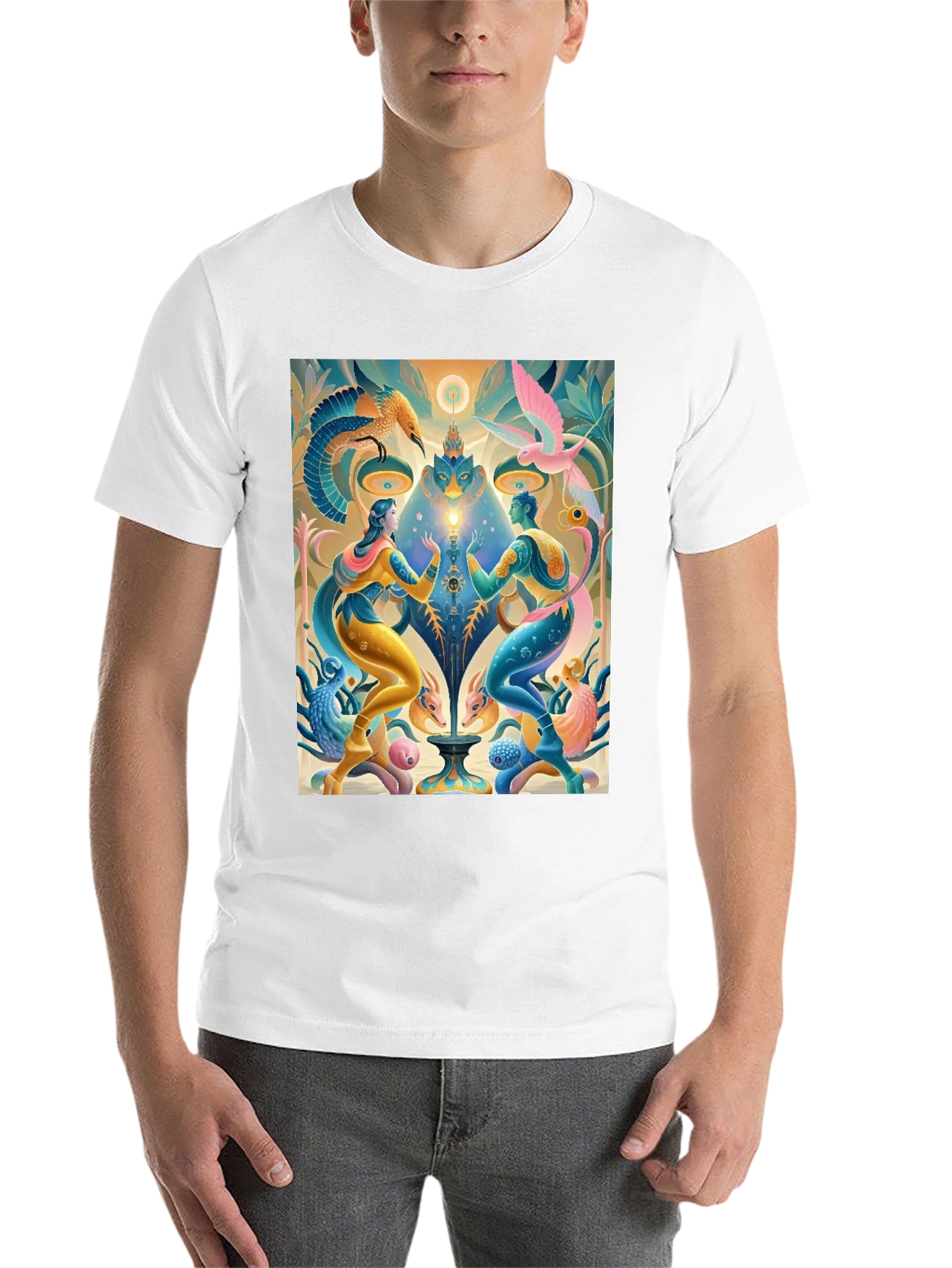 Black Artistic T-Shirt: Mystical Bird and Figure Design view 14