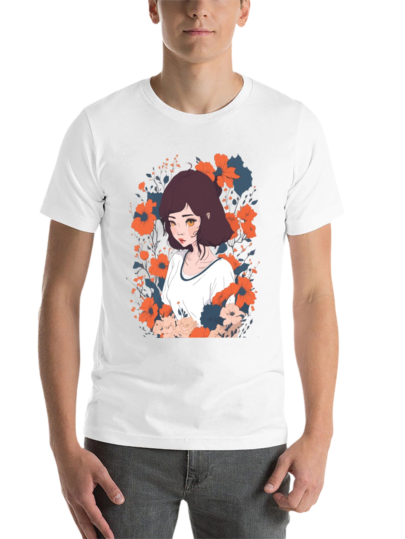 Black Floral Anime Girl Graphic Tee - Unisex Black T-Shirt view 14