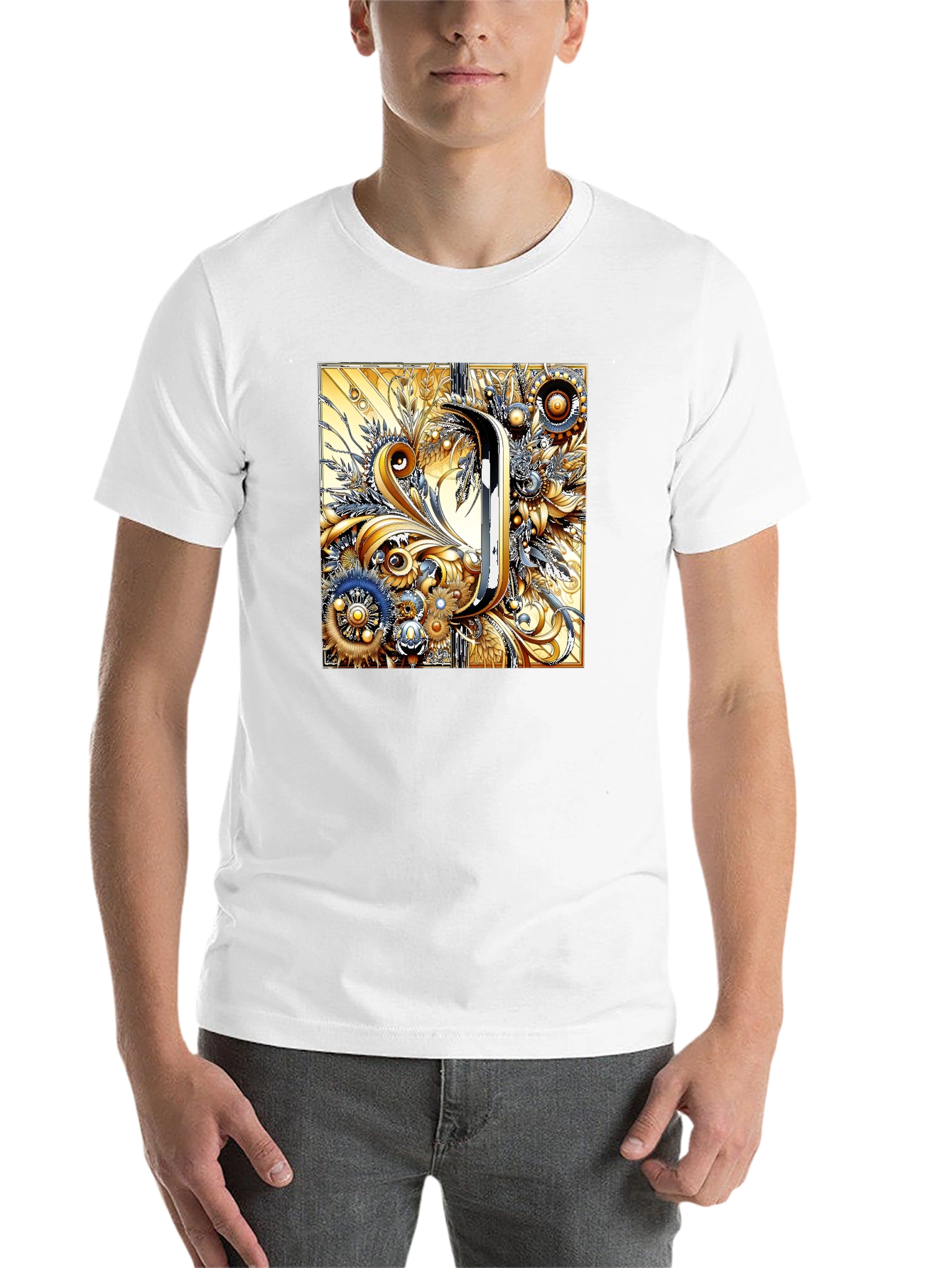 Black Steampunk Letter J T-Shirt - Ornate Floral Design view 14