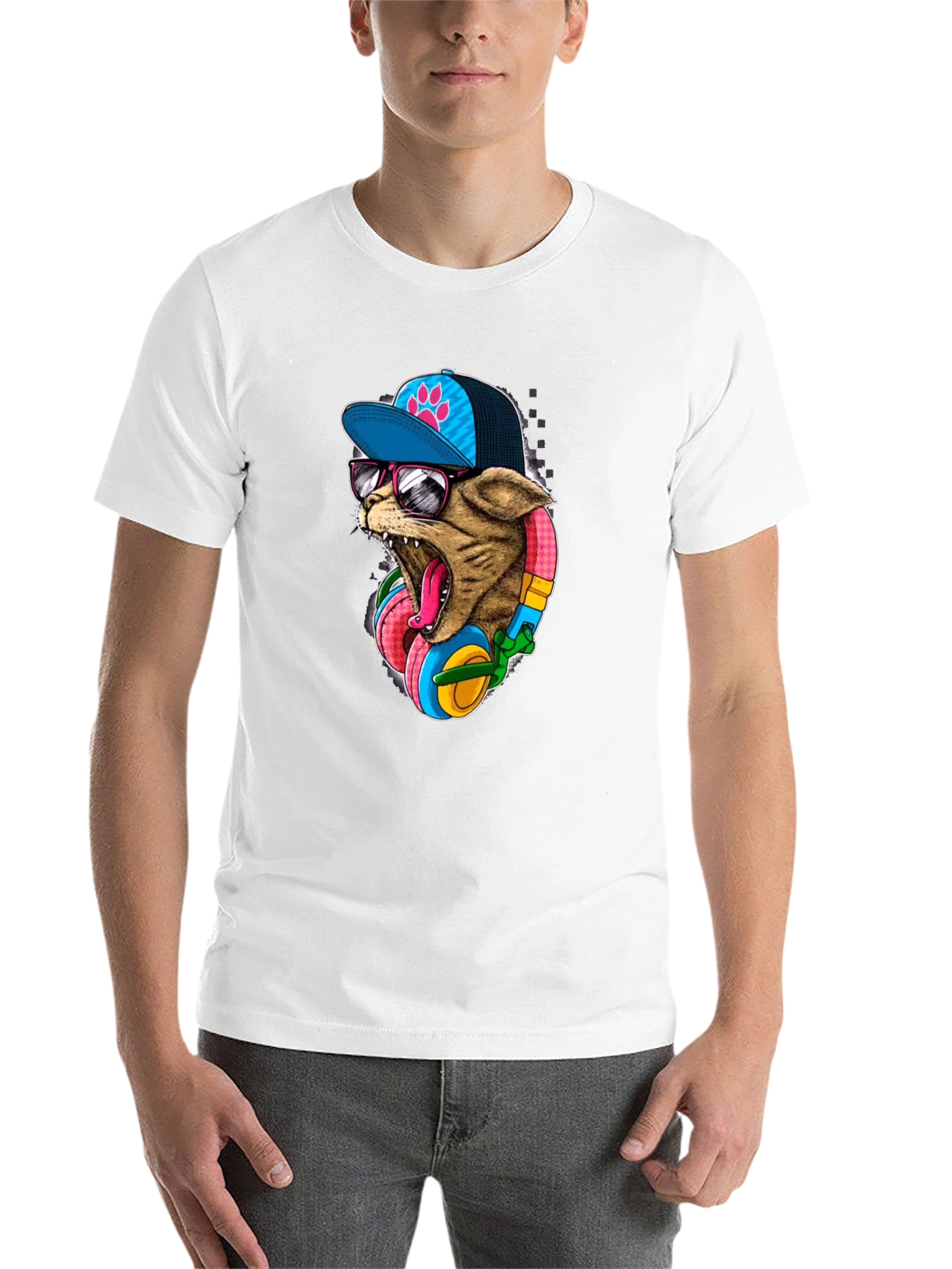 Black Cool Cat T-Shirt: Cat Wearing Headphones & Cap view 14