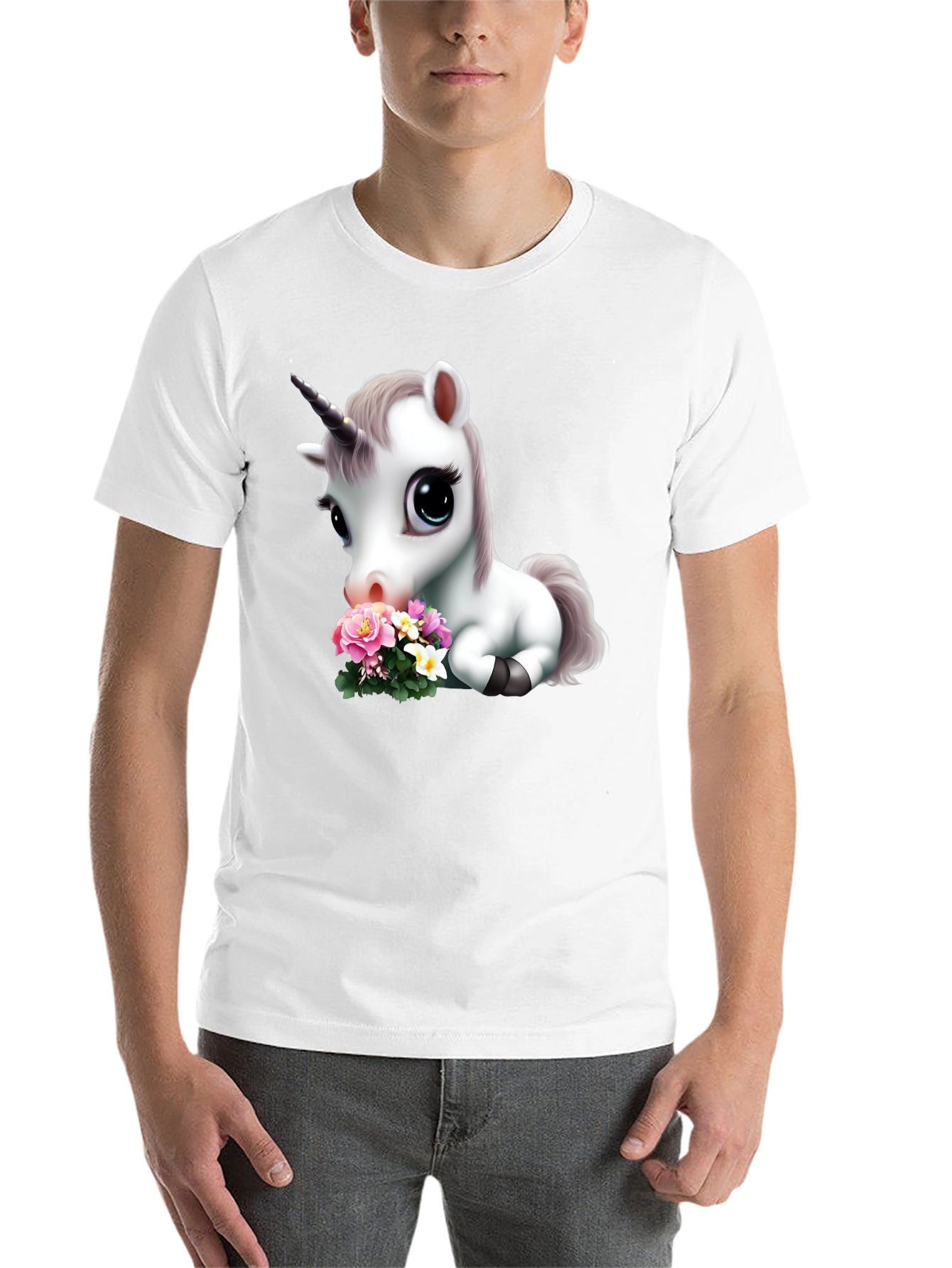 Black Cute Unicorn with Flowers Graphic T-Shirt view 14