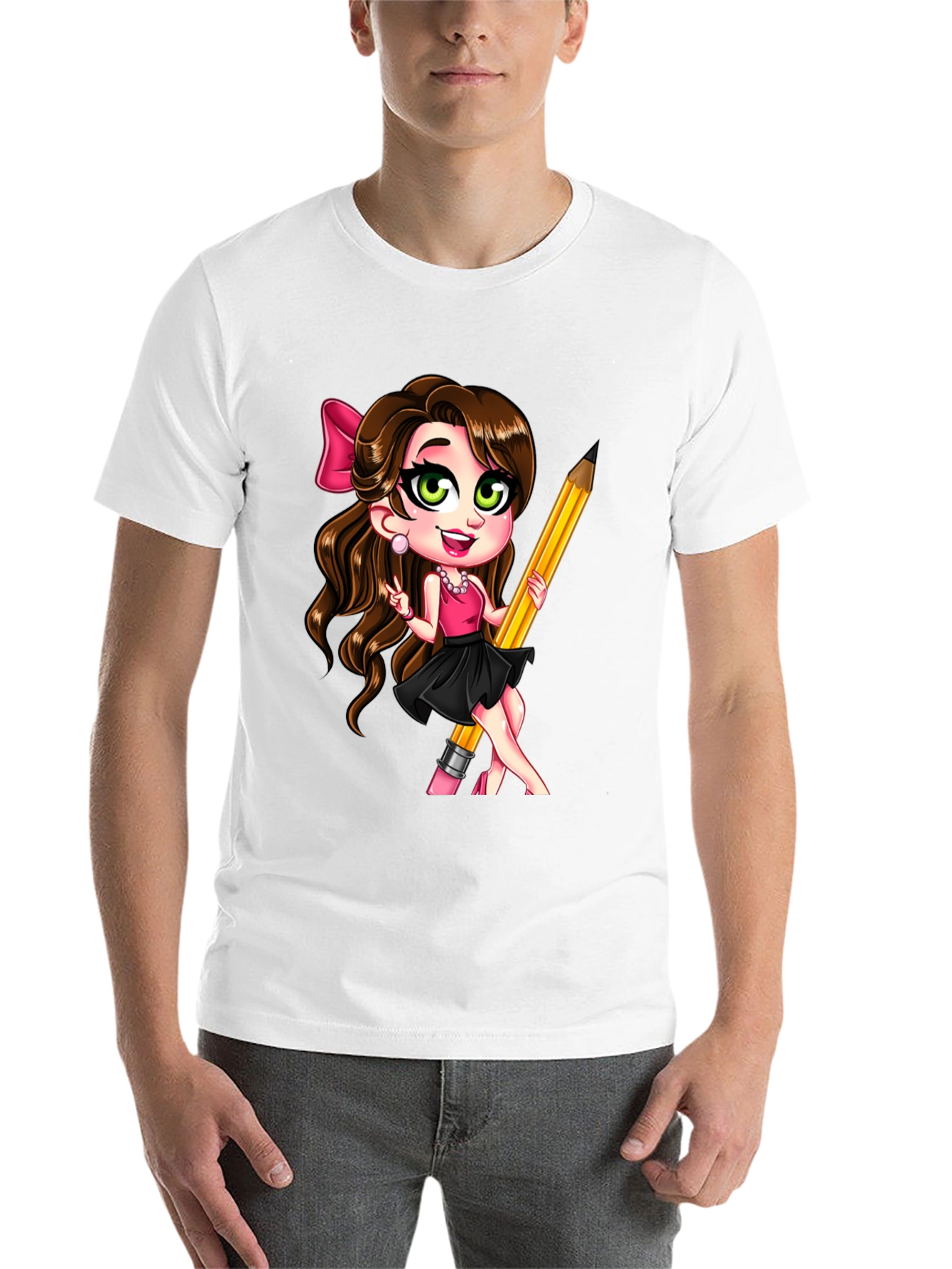 Black Fun Cartoon Girl with Pencil Black T-Shirt view 14