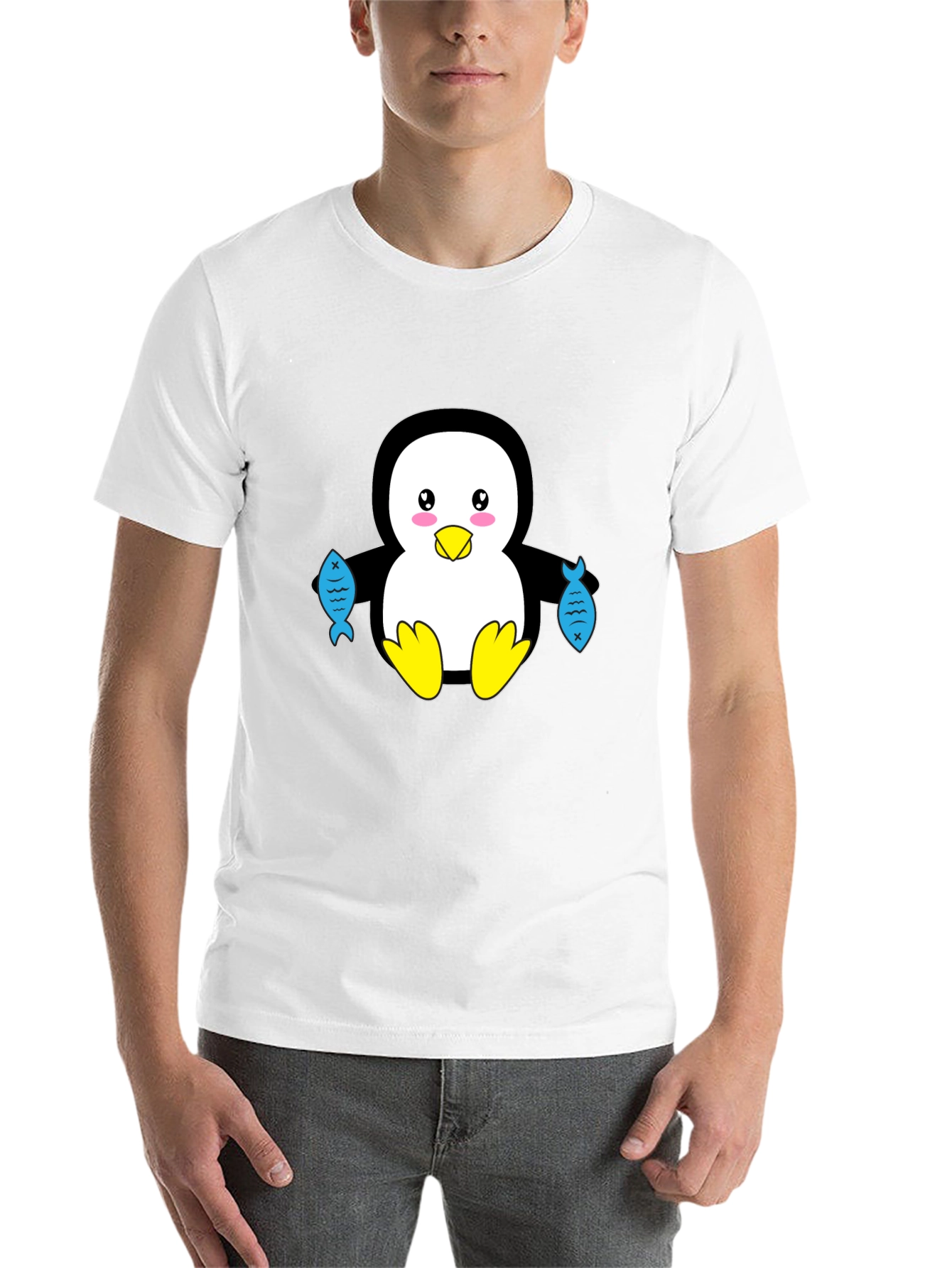 Black Cute Penguin Holding Fish Graphic T-Shirt view 14
