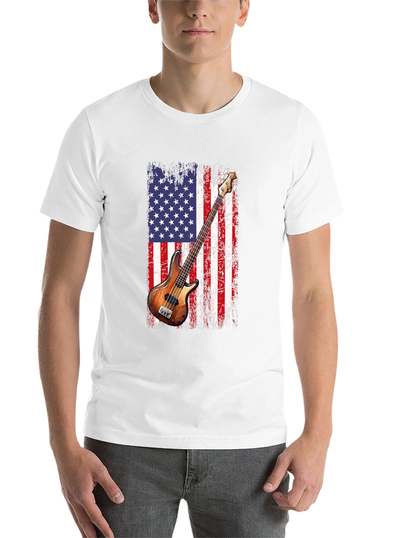 Black USA Flag Bass Guitar T-Shirt view 14