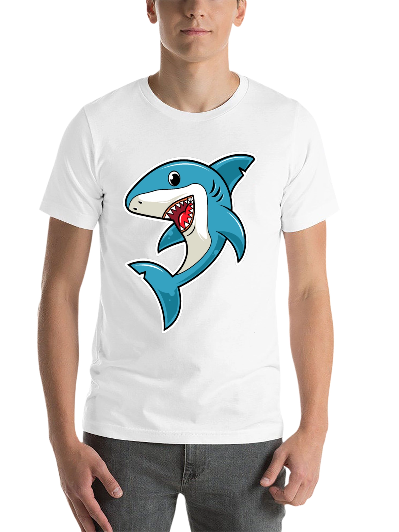 Black Shark Cartoon Graphic Tee - Black Cotton T-Shirt view 14