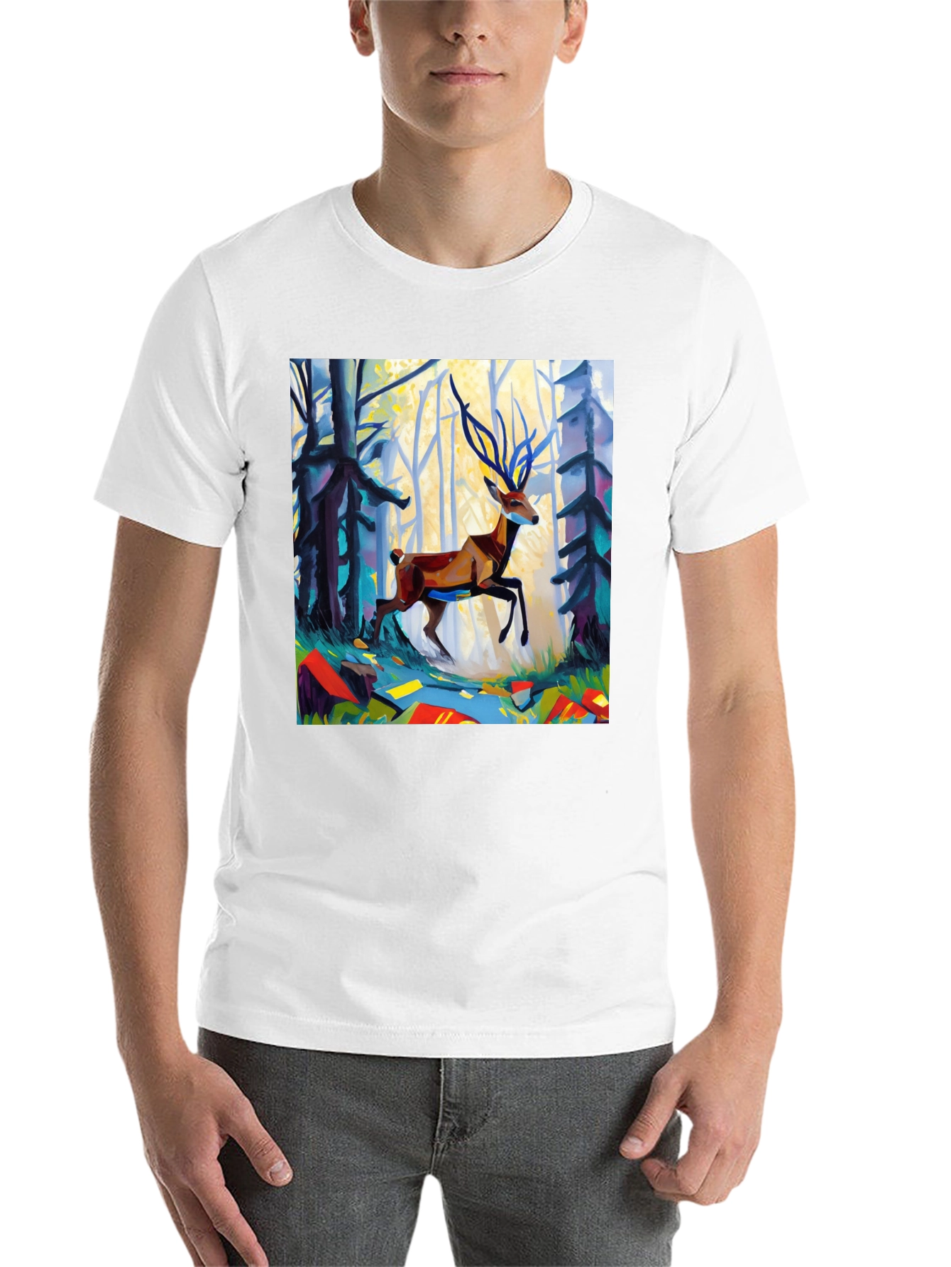 Abstract Deer Forest Graphic Tee - Black Casual T-Shirt - 14