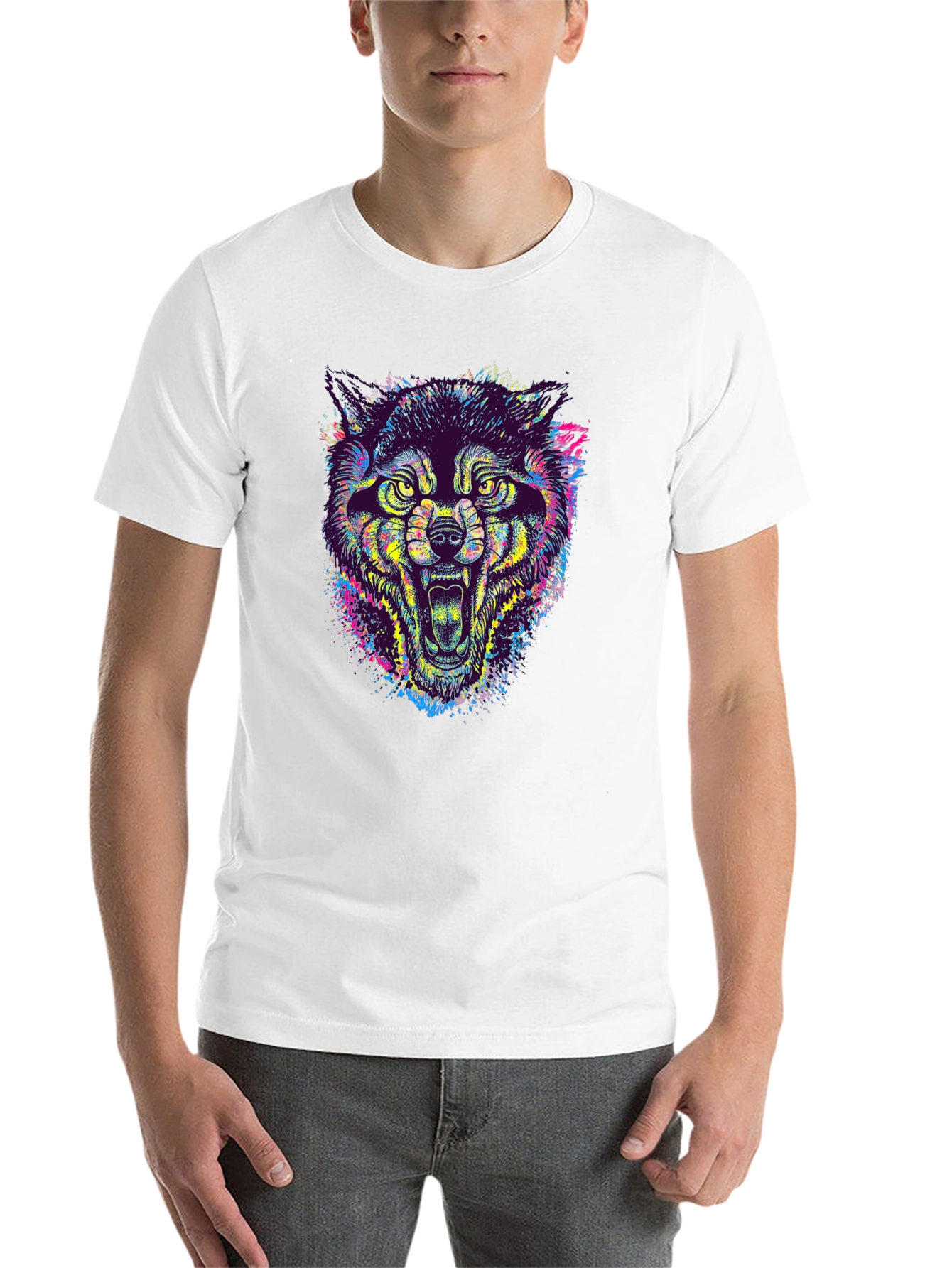 Black Colorful Wolf Graphic Tee - Unique Animal Print T-Shirt view 14