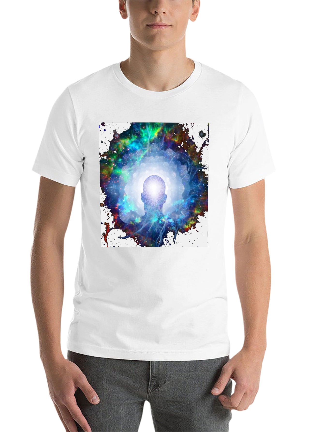 Black Mystical Head in Galaxy Men's Black T-Shirt view 14