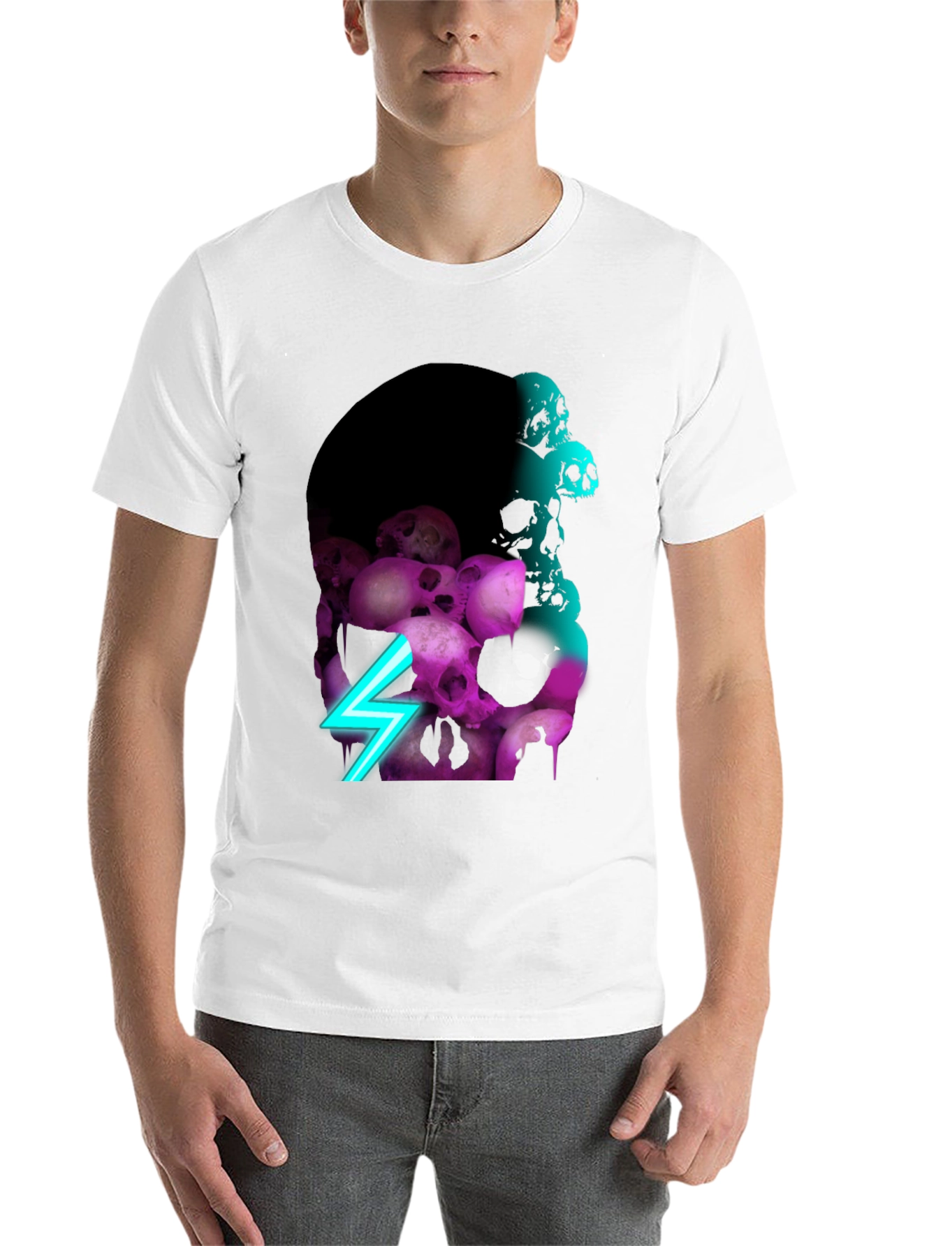 Black Skull Pile Graphic Tee - Neon Lightning Bolt Design view 14