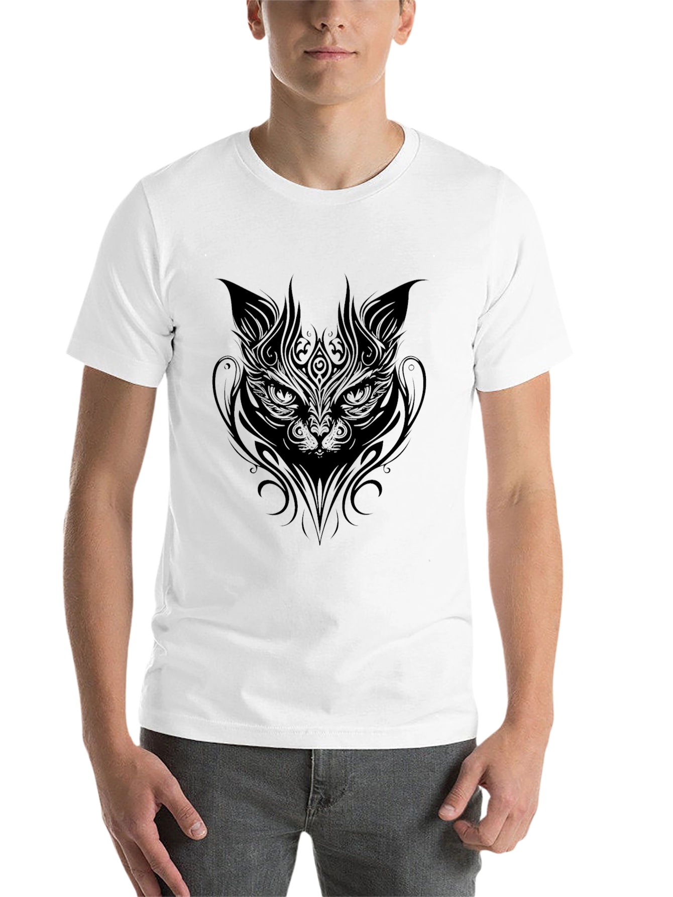 Black Tribal Cat Graphic Black T-Shirt view 14