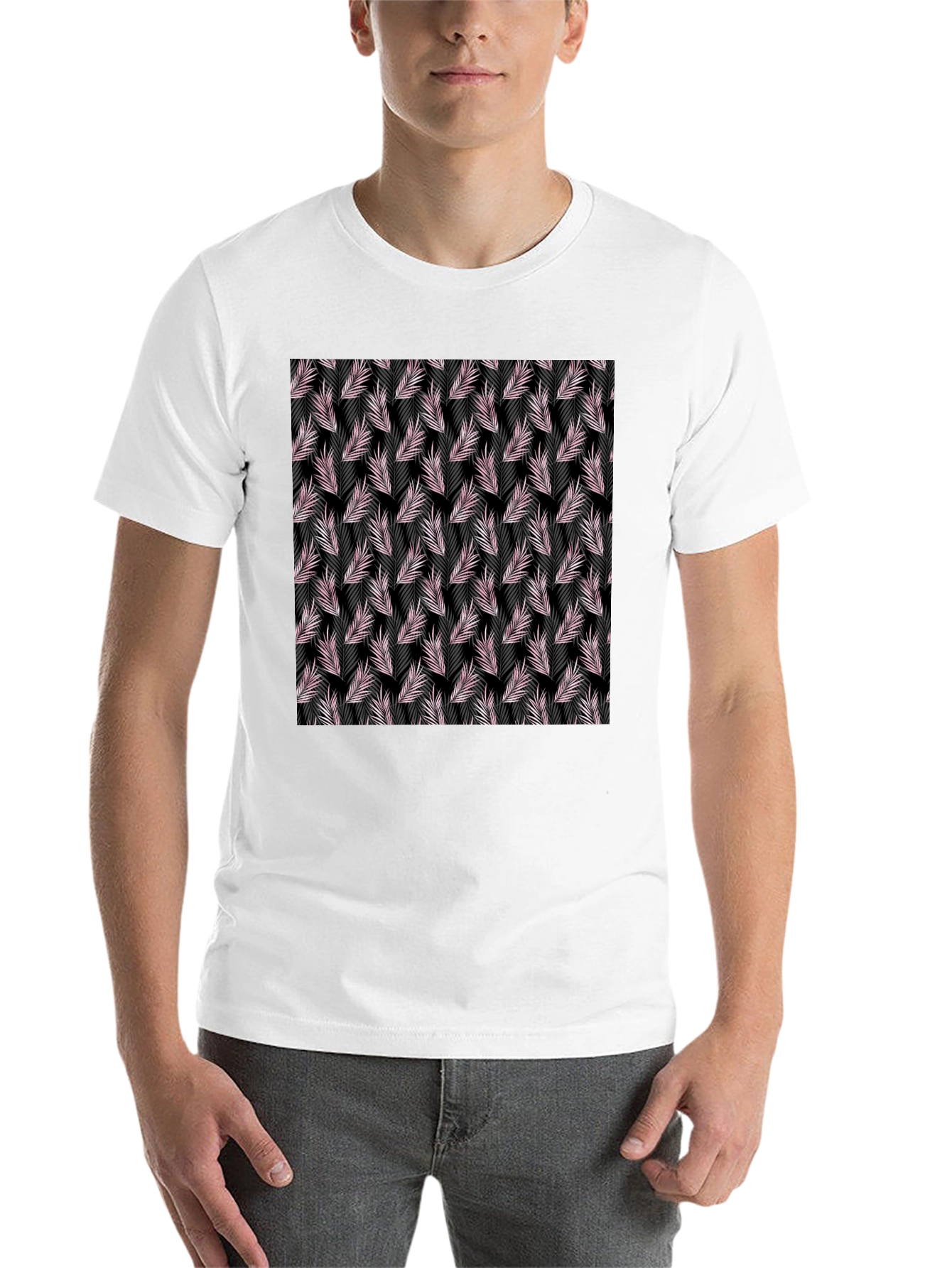 Black Tropical Leaf Pattern Black T-Shirt view 14