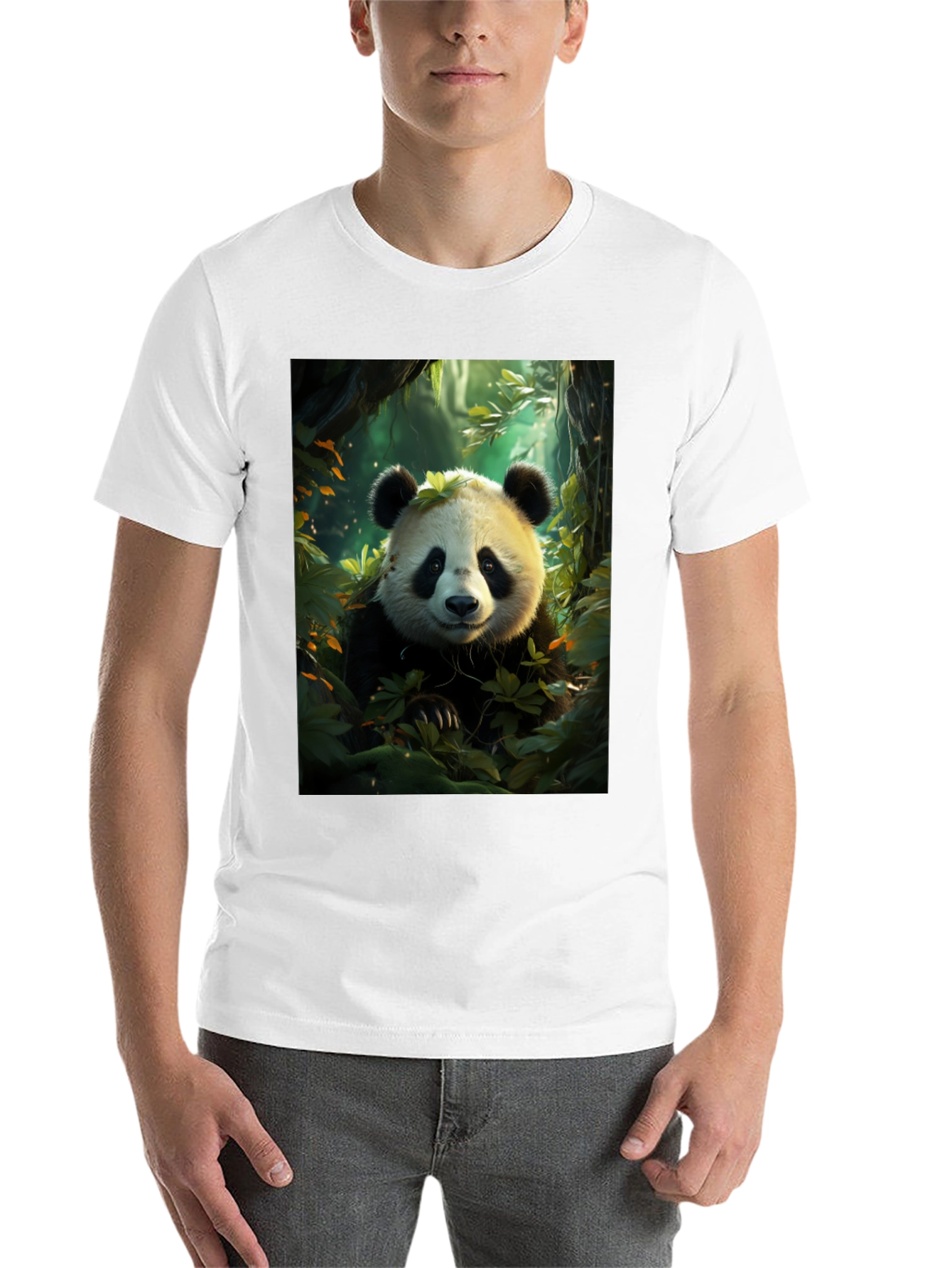 Black Panda in Forest Black T-Shirt view 14