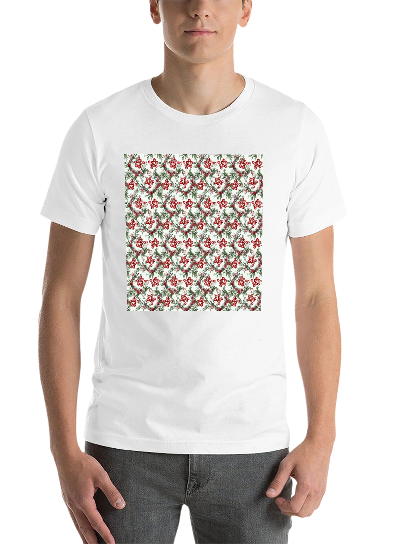Black Festive Berry Wreath Pattern Black T-Shirt view 14
