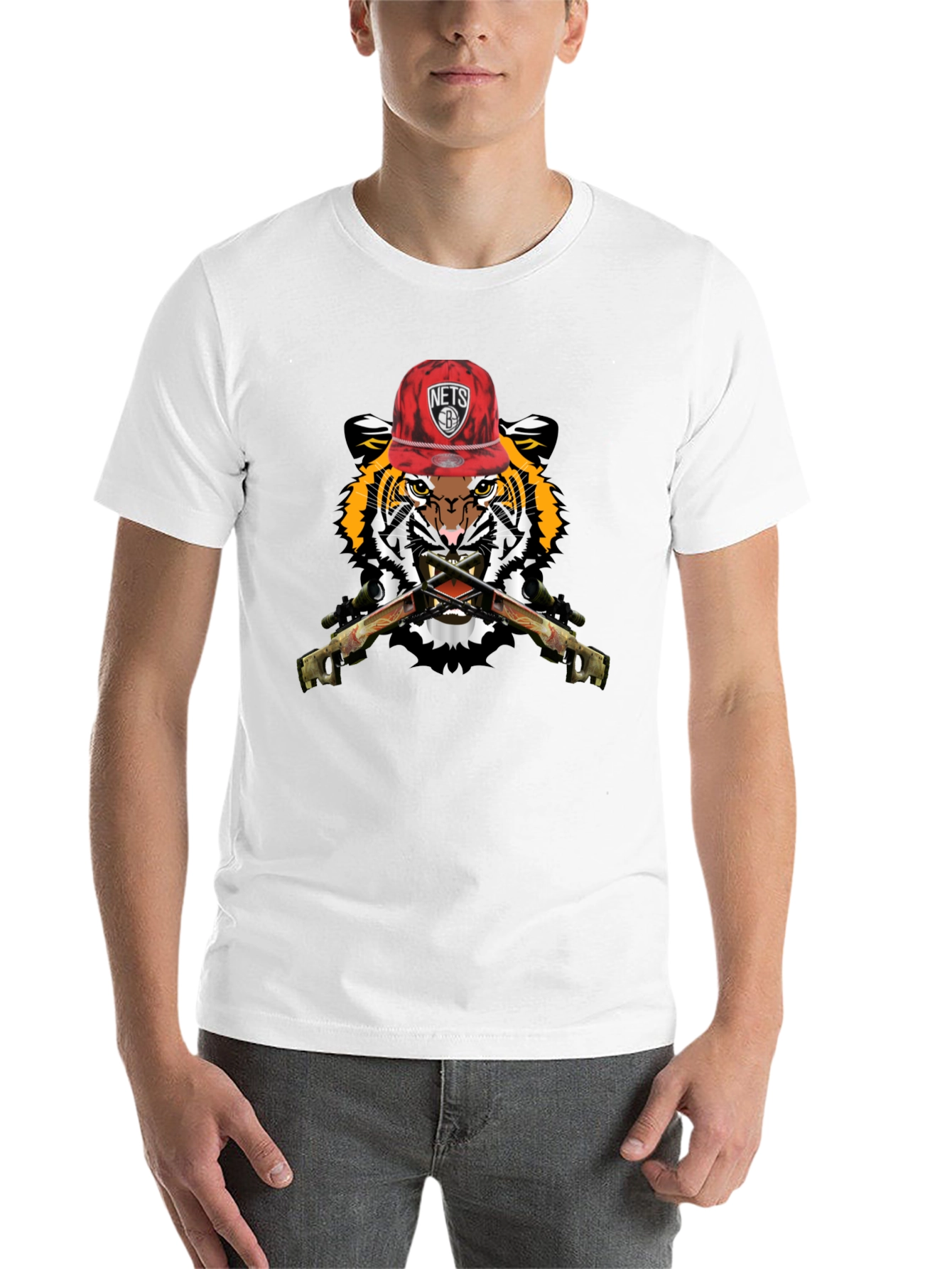 Black Tiger with Nets Hat Graphic Print T-Shirt view 14