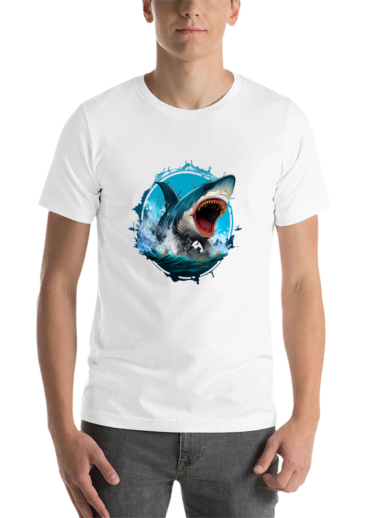 Black Shark Attack Graphic Tee - Black Cotton T-Shirt view 14