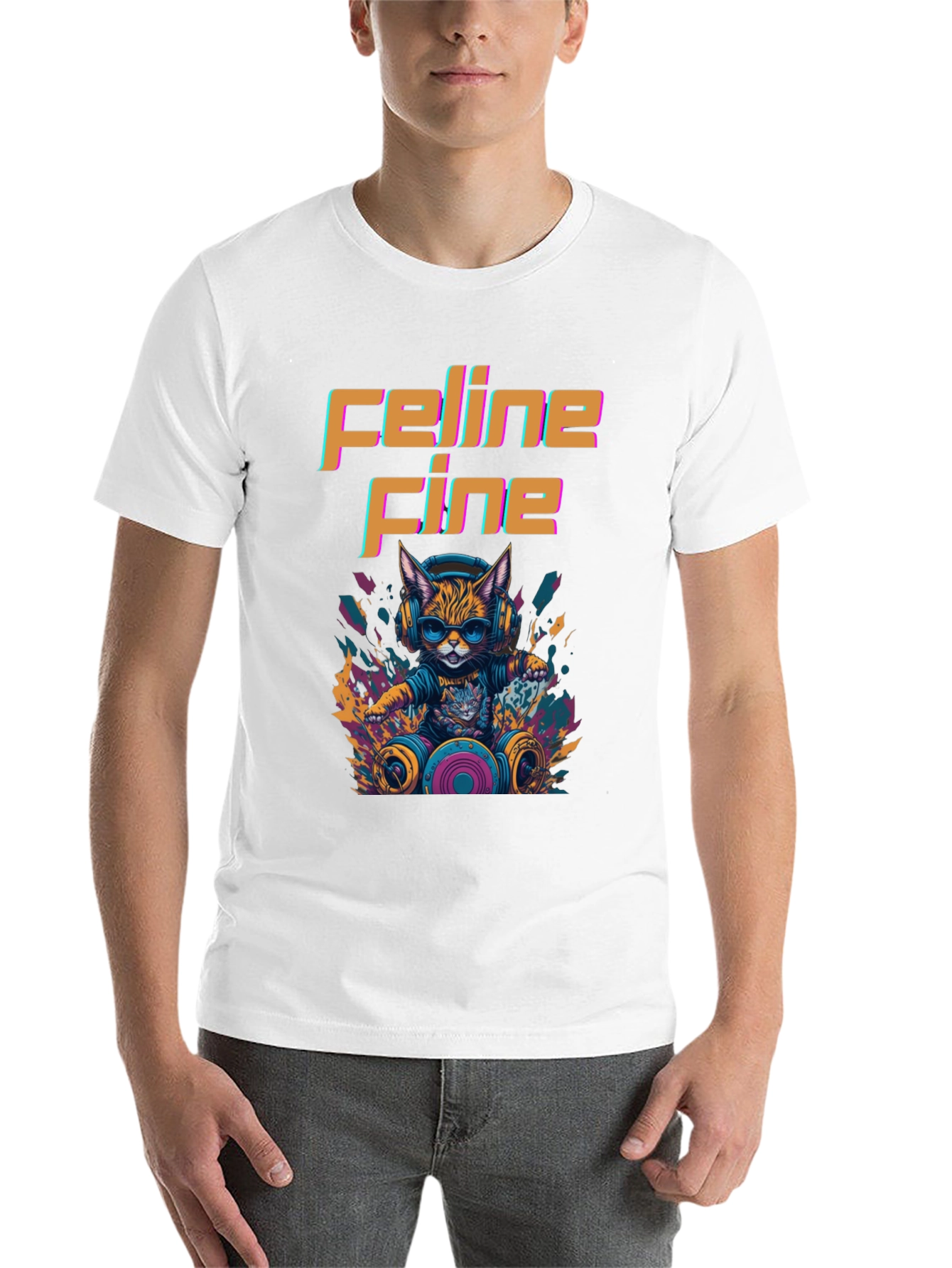 Black Feline Fine Graphic Tee - DJ Cat T-Shirt view 14
