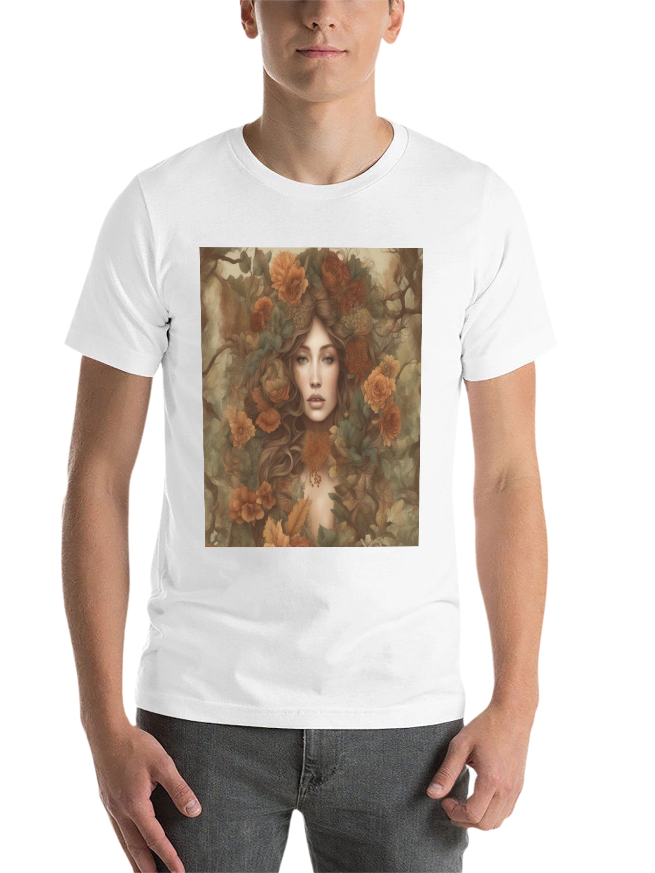 Black Floral Fantasy T-Shirt: Woman with Autumn Flowers view 14