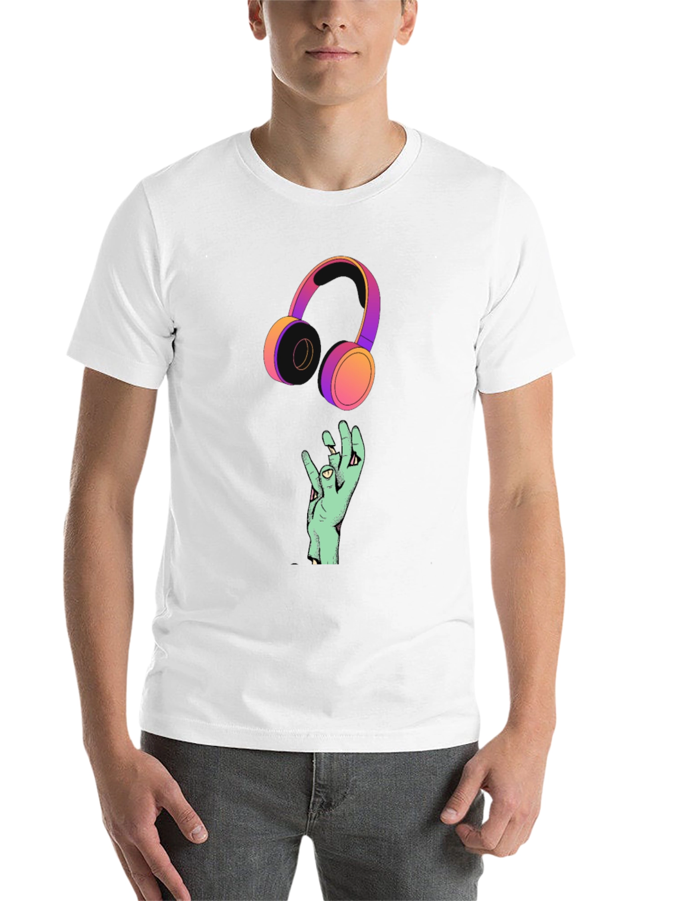 Black Cool Graphic T-Shirt with Headphones and Hand Design view 14