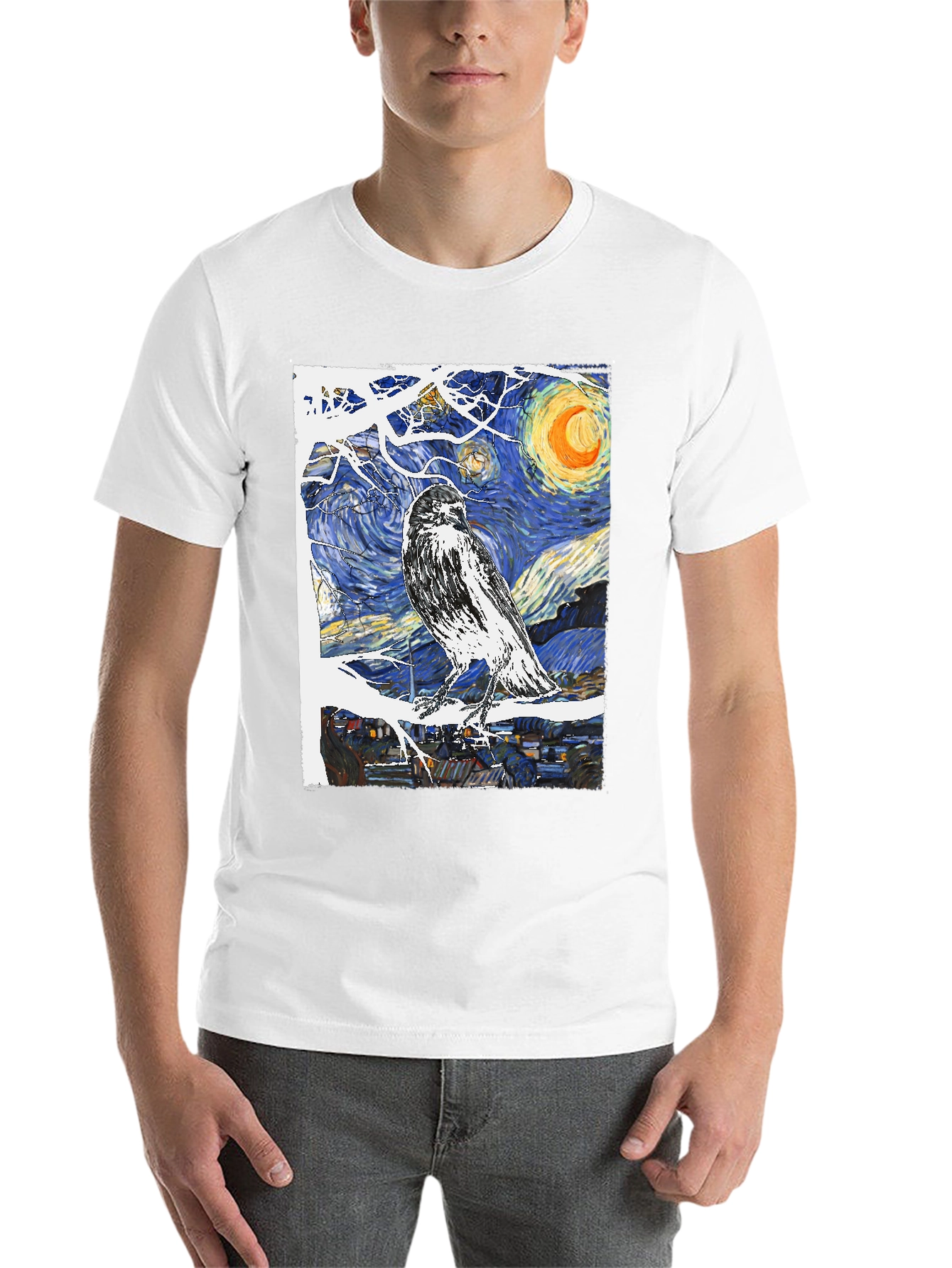 Black Starry Night Raven T-Shirt Art Tee view 14