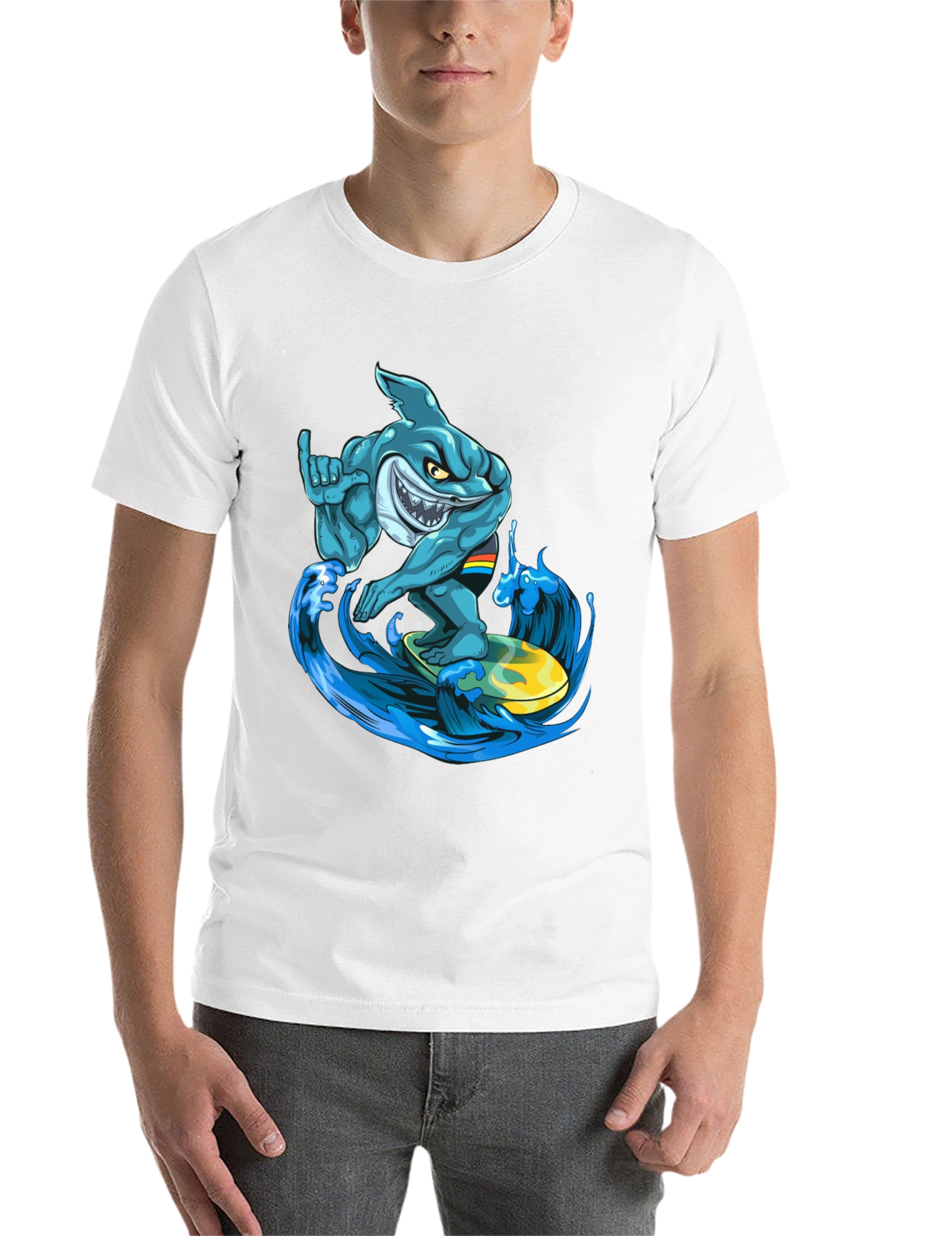 Black Surfing Shark Graphic T-Shirt - Cool Cartoon Design view 14