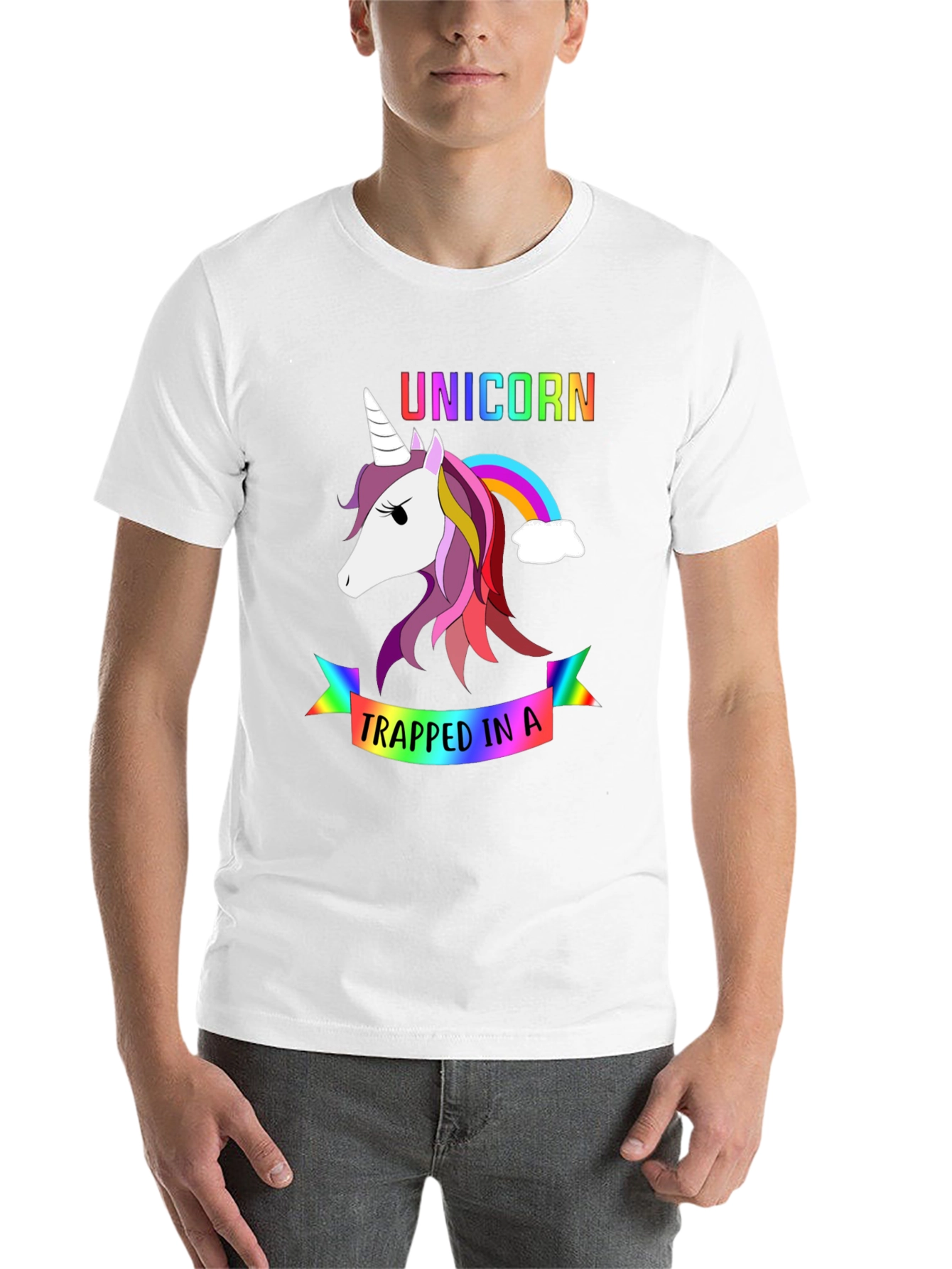 Black Unicorn Trapped in a Rainbow Graphic Tee view 14