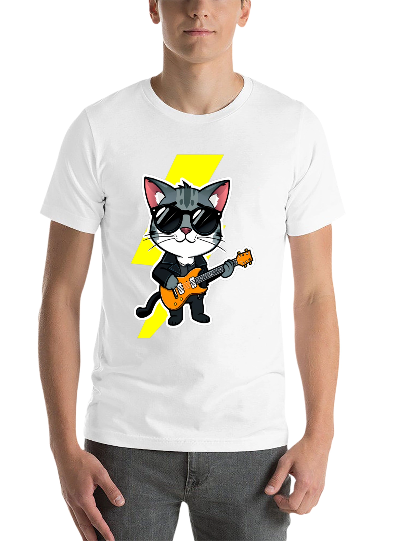 Black Rockstar Cat T-Shirt - Cool Cat with Guitar view 14