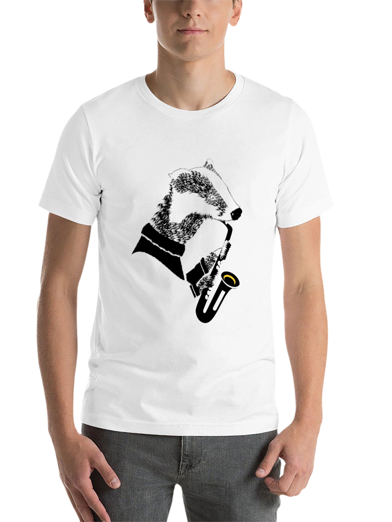Black Jazz Badger Black T-Shirt - Cool Animal Saxophone Design view 14