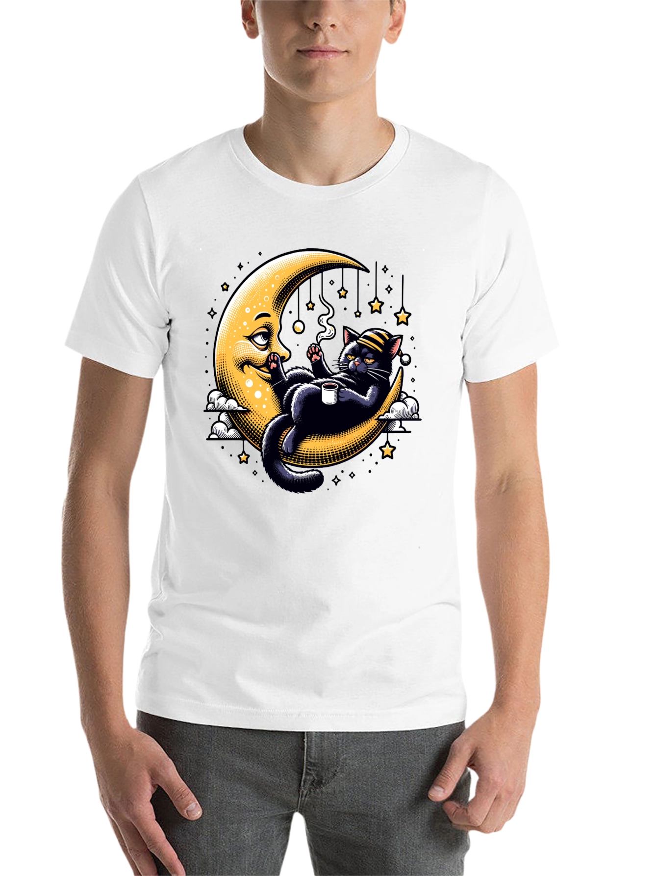 Black Cool Cat on Moon T-Shirt view 14
