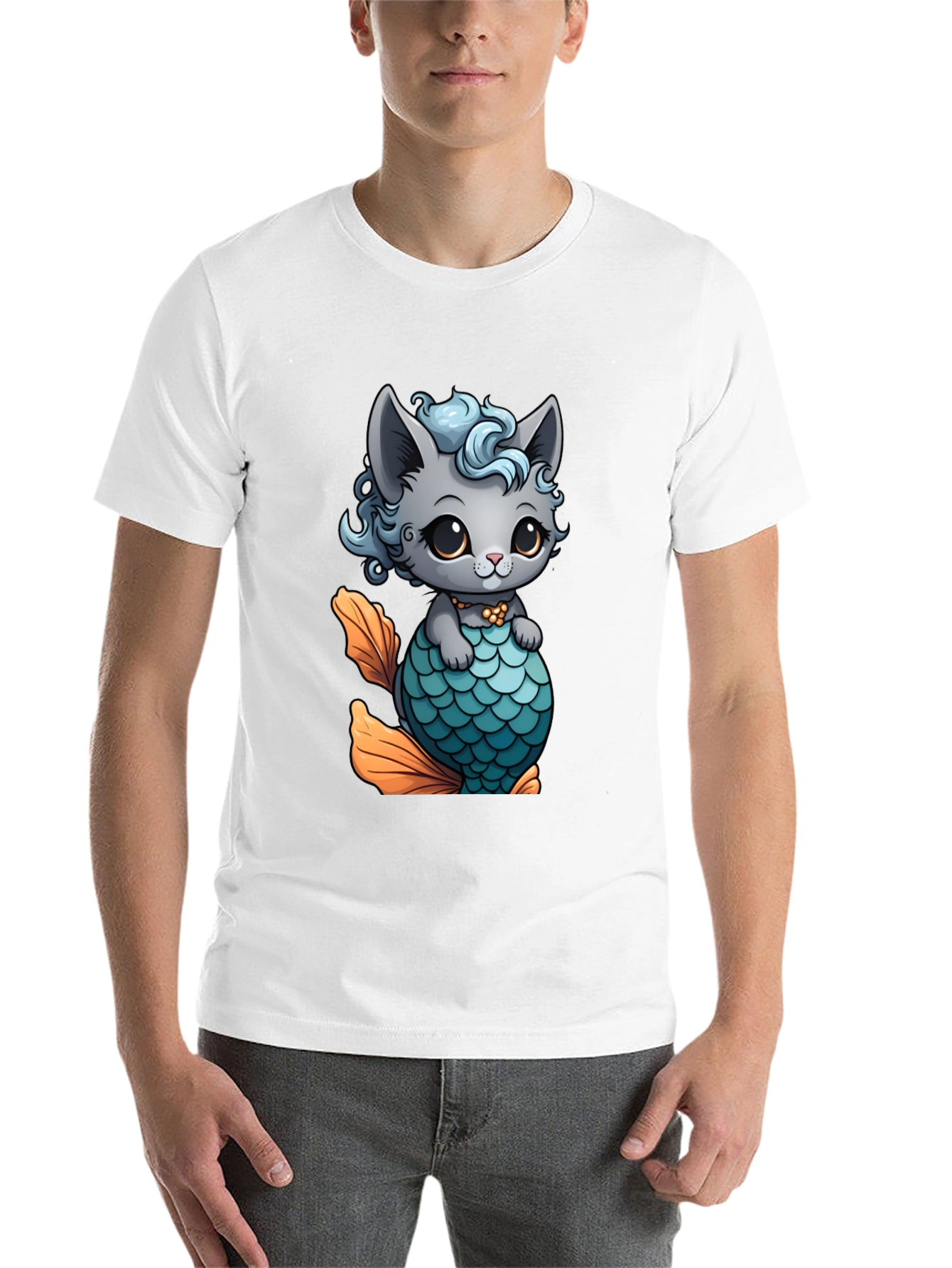 Black Cute Cat Mermaid T-Shirt - Unique Graphic Tee view 14