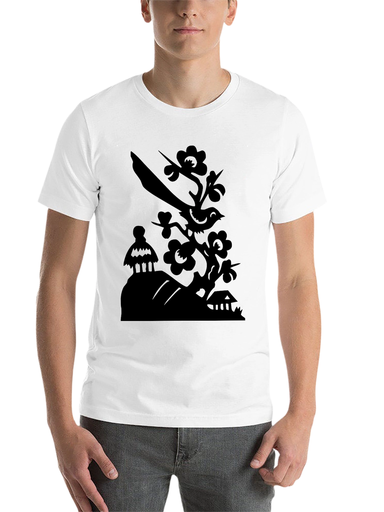 Black Bird on Branch Graphic Tee - Modern Black T-Shirt view 14