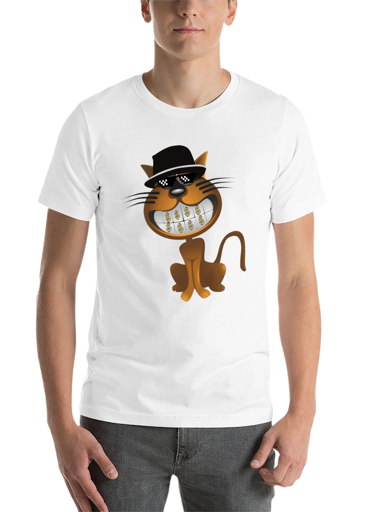 Black Cartoon Cat T-Shirt: Funny Design, Black Tee view 14