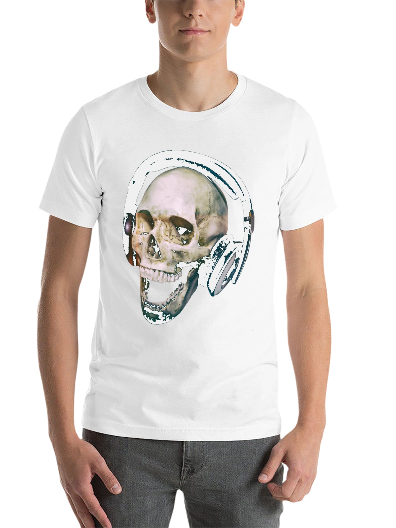 Black Skull With Headphones Graphic Tee - Black Cotton view 14