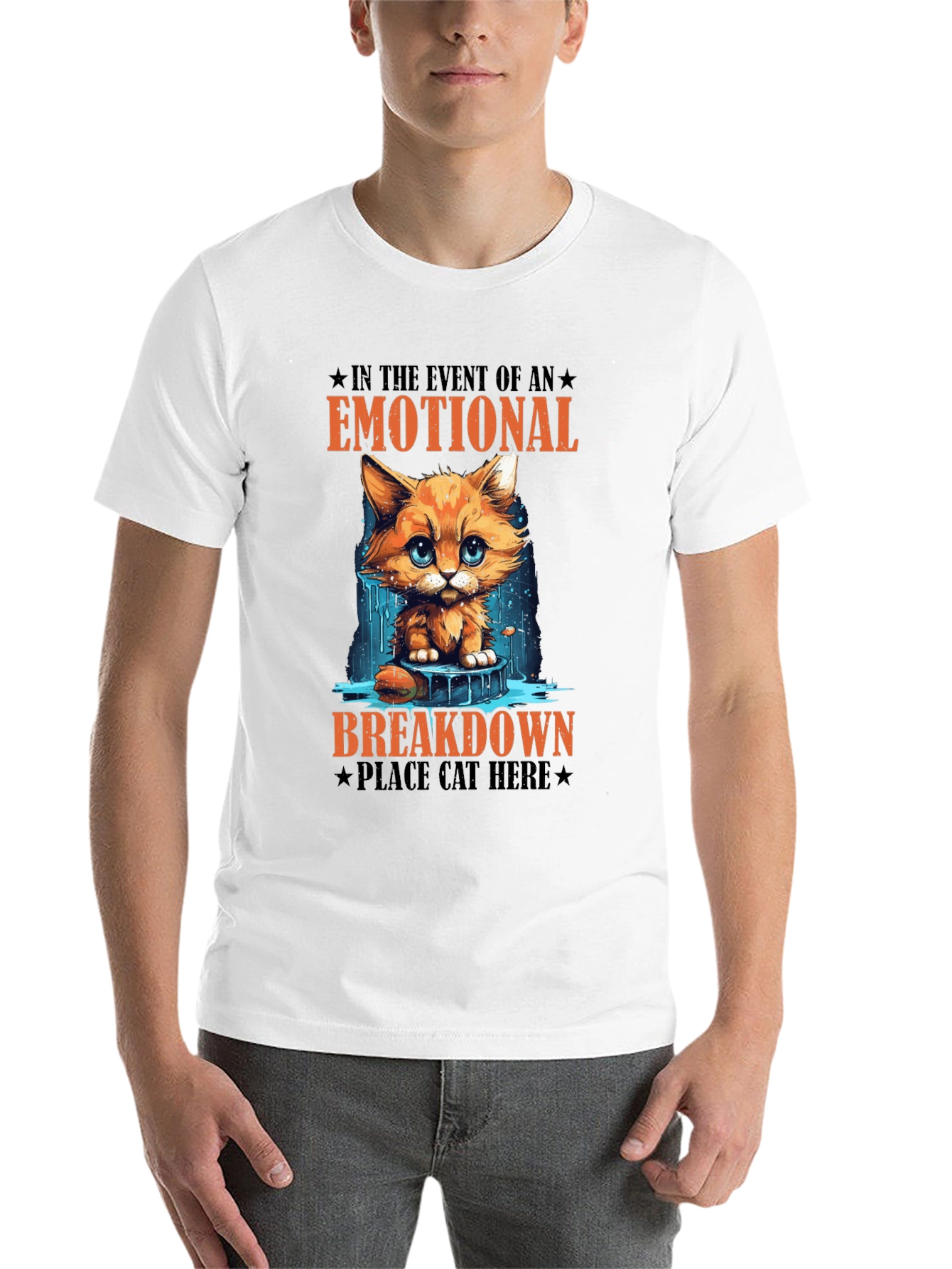 Black Emotional Breakdown Cat T-Shirt - Funny Graphic Tee view 14