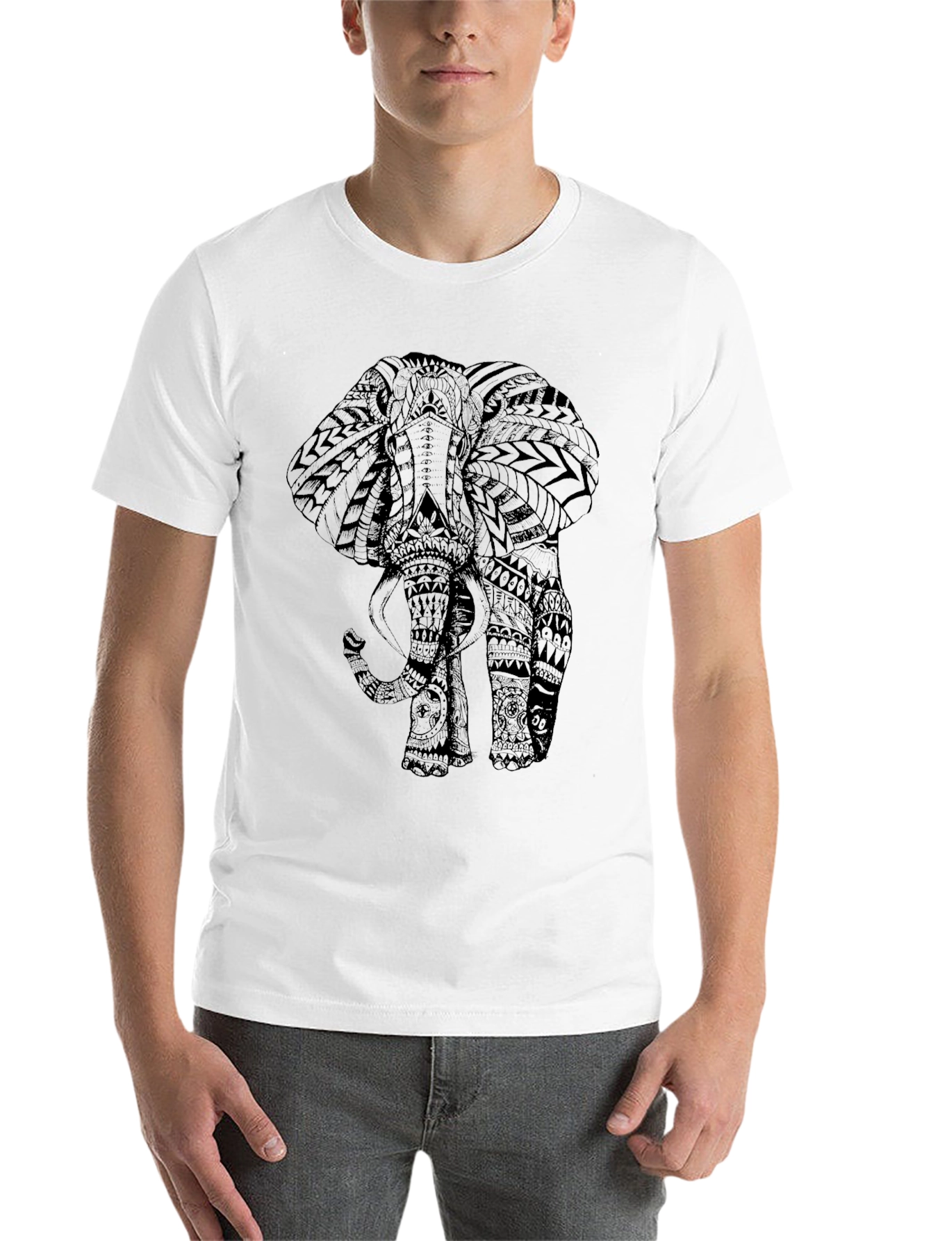 Black Tribal Elephant Print Black Tee Shirt view 14
