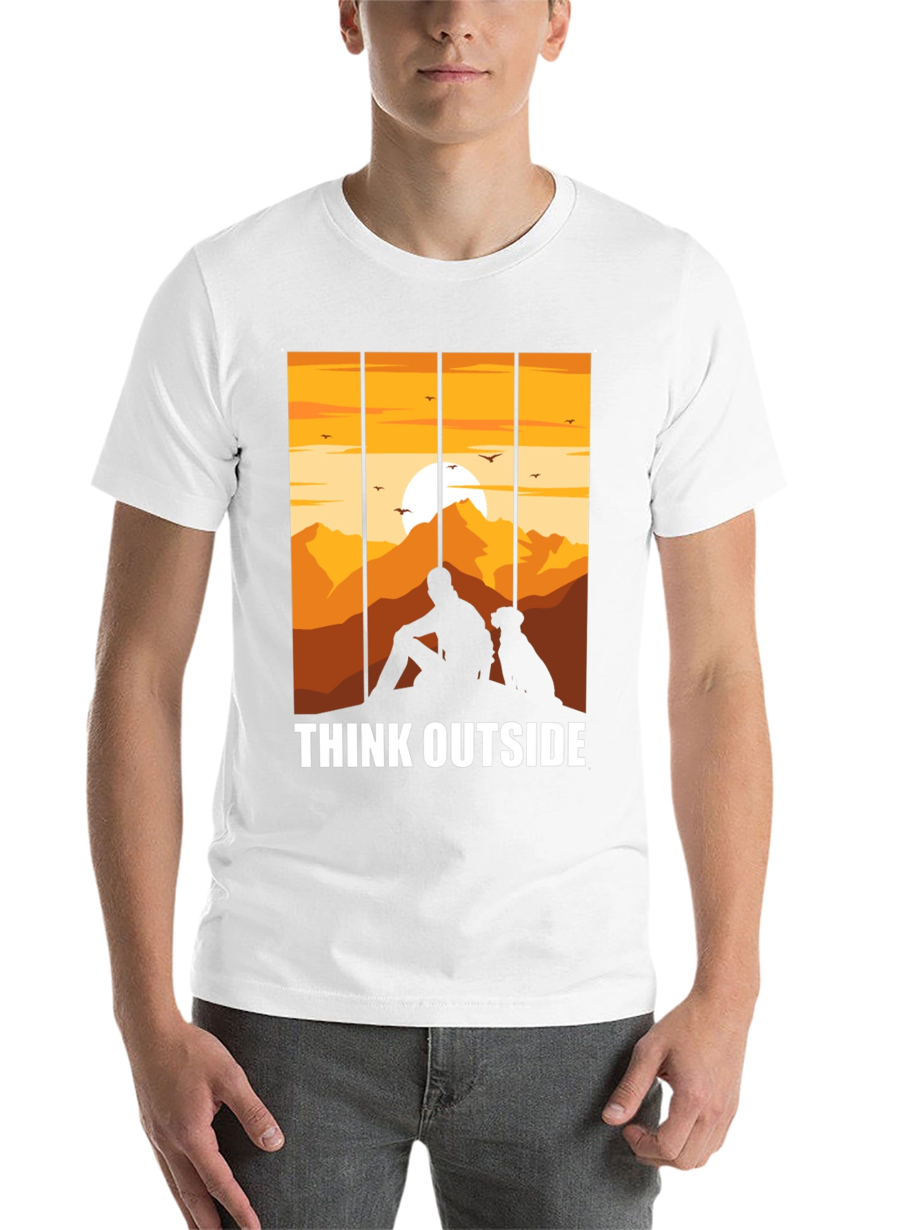 Black Think Outside Black T-Shirt, Man and Dog Sunset Graphic Tee view 14
