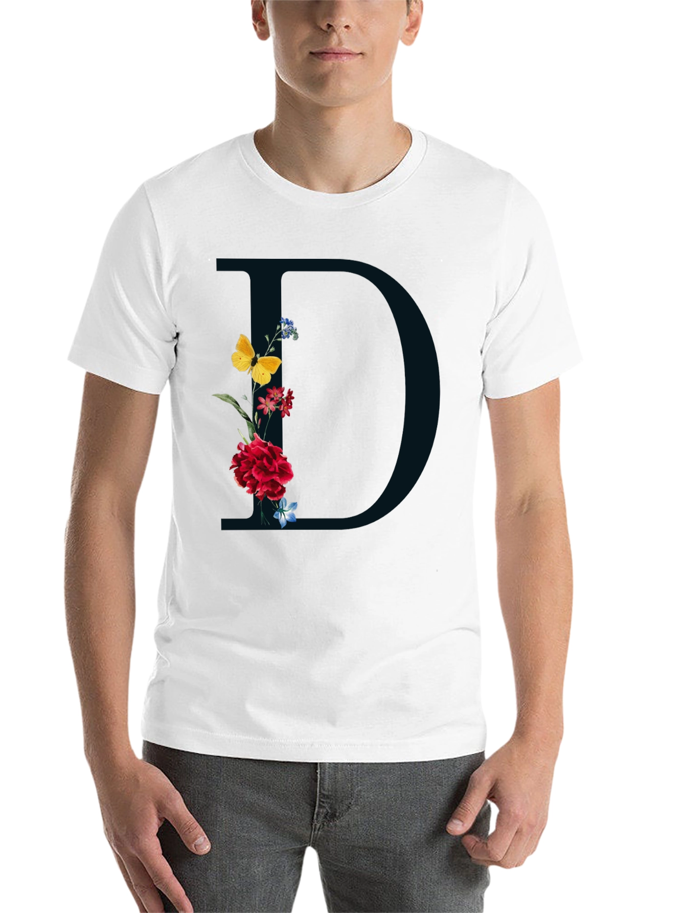 Black Floral Initial 'D' Graphic Tee - Elegant Design view 14