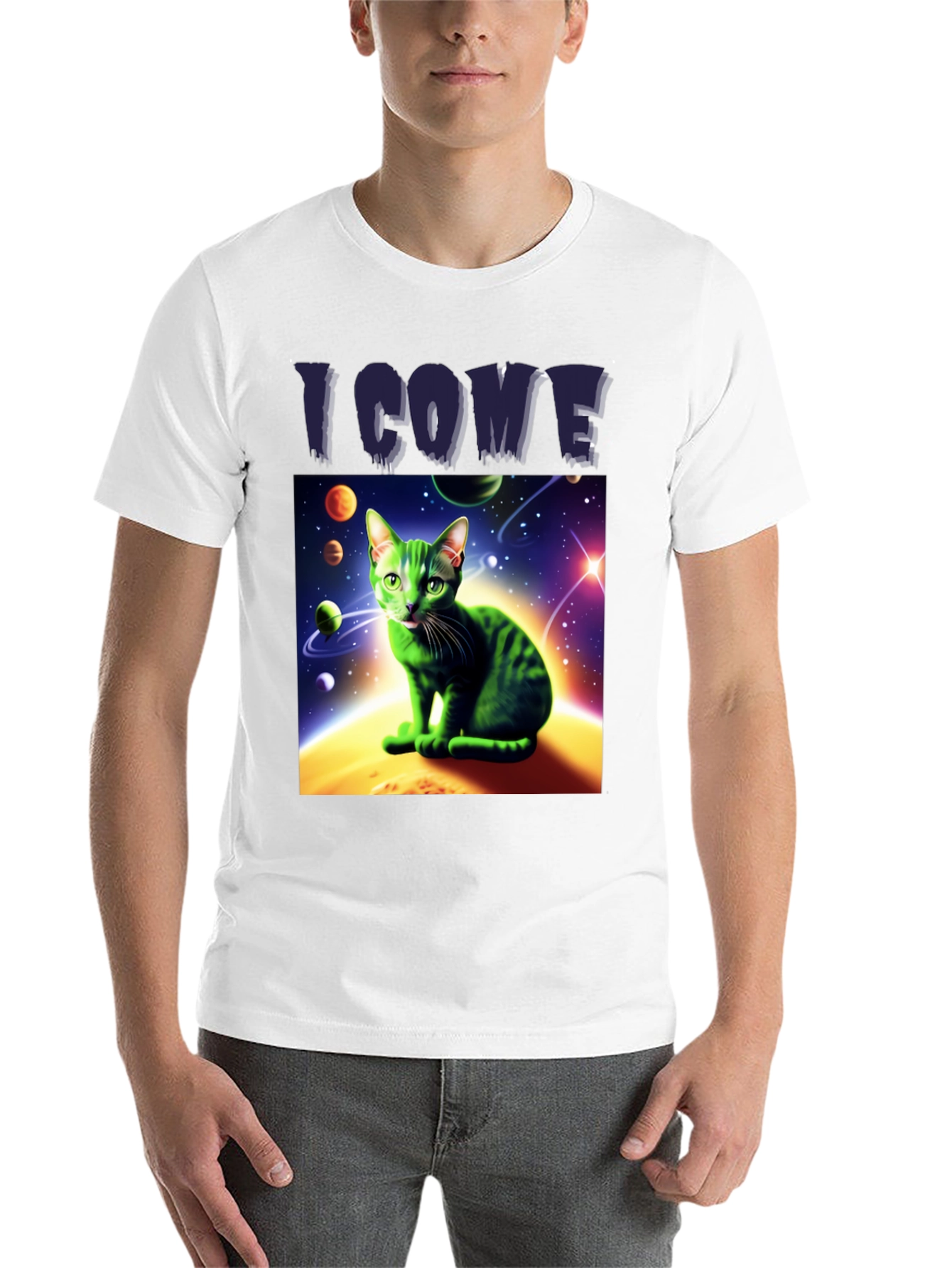 Black I Come In Peace Cat T-Shirt - Space Alien Green Kitty Tee view 14