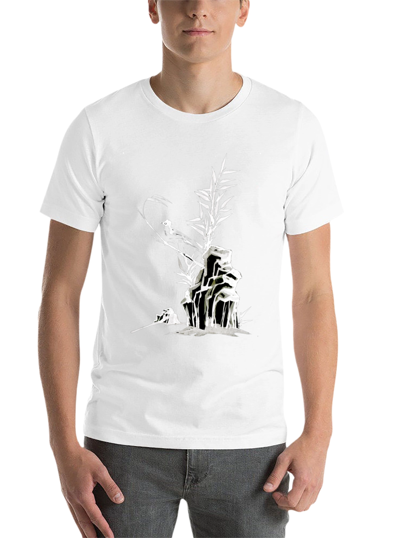 Black Men's Black T-Shirt with Bird and Bamboo Graphic view 14