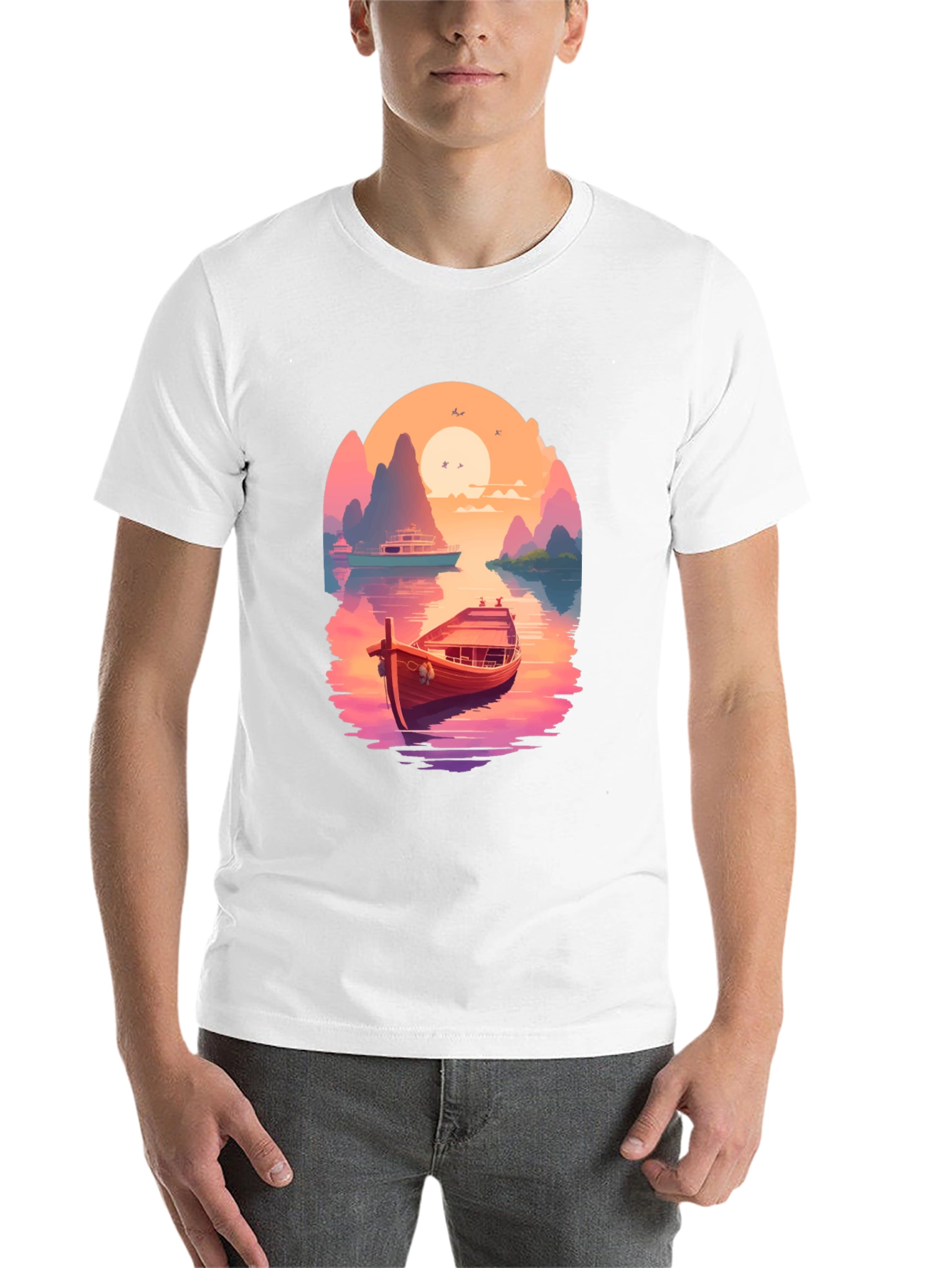 Boat Scene Graphic Tee - Retro Sunset Style - 14