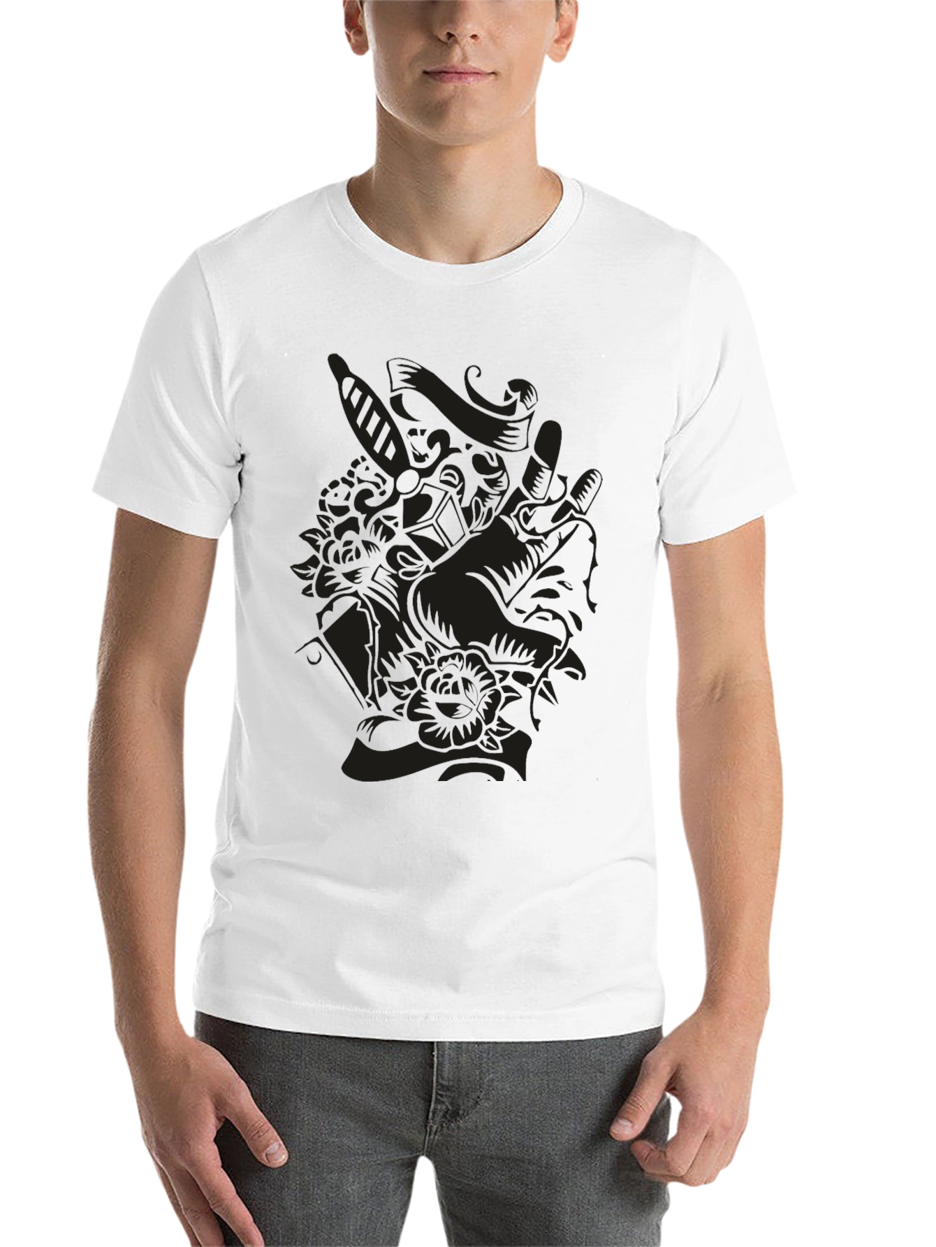 Black Dark Art Graphic Tee - Skull & Rose Design view 14