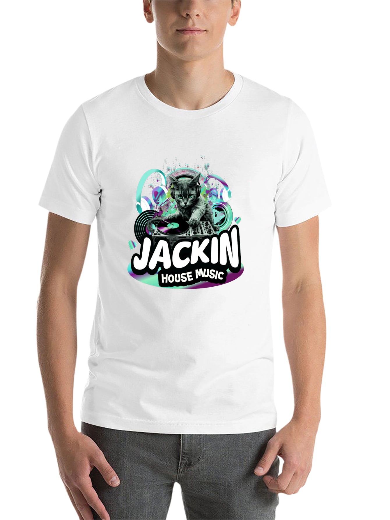 Black DJ Cat T-Shirt - "Jackin' House Music" view 14