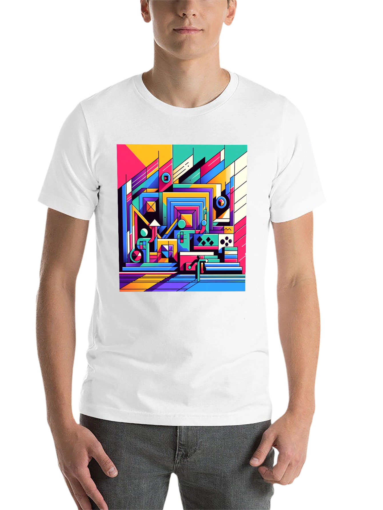 Black Retro Geometric Art T-Shirt - Bold Colorful Design view 14
