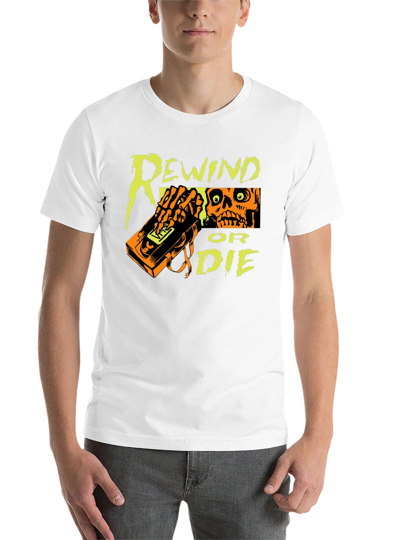 Black Rewind or Die Graphic Tee - VHS Tape Skull T-Shirt view 14