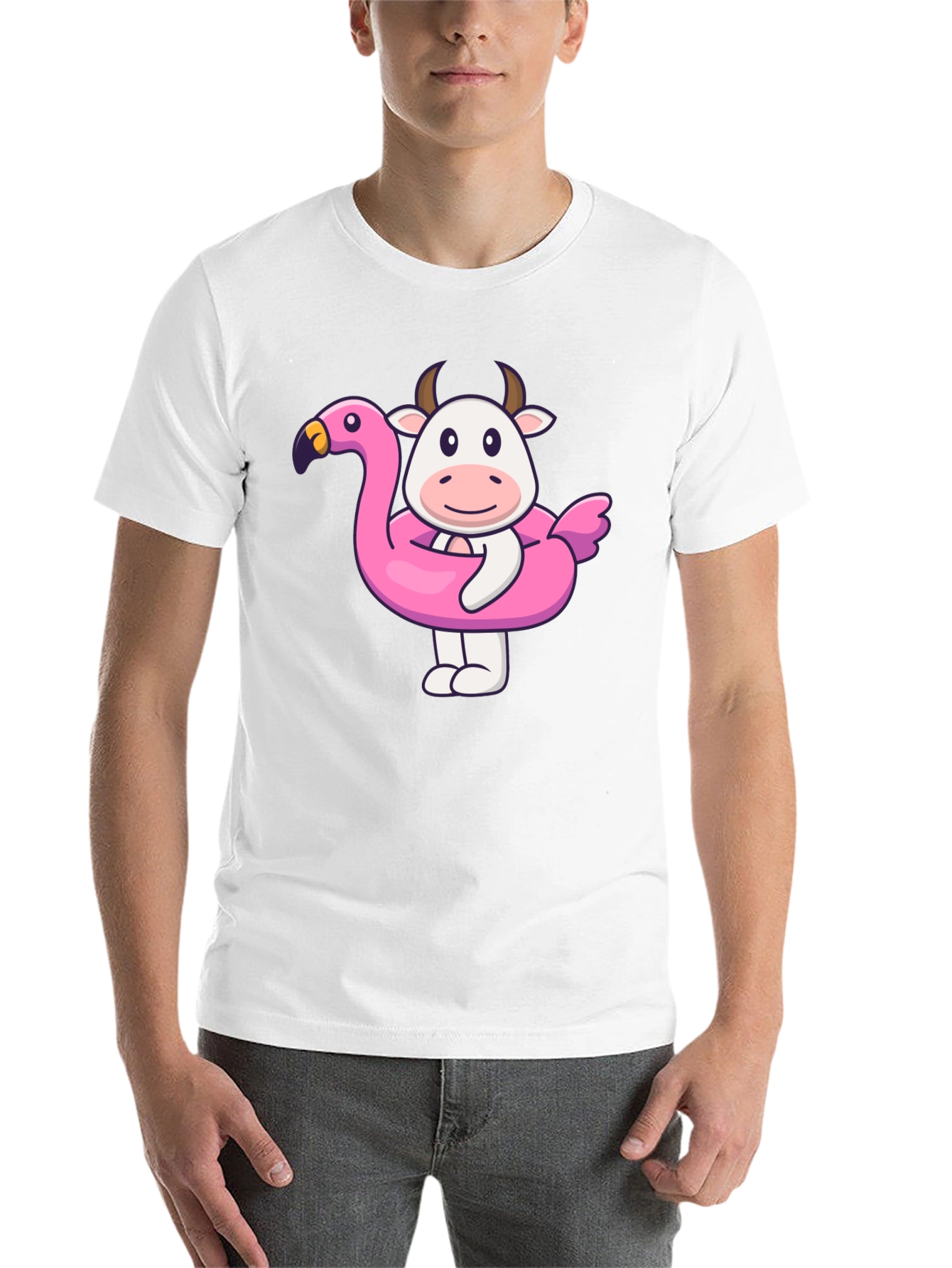 Black Funny Cow Flamingo Pool Float Black T-Shirt view 14