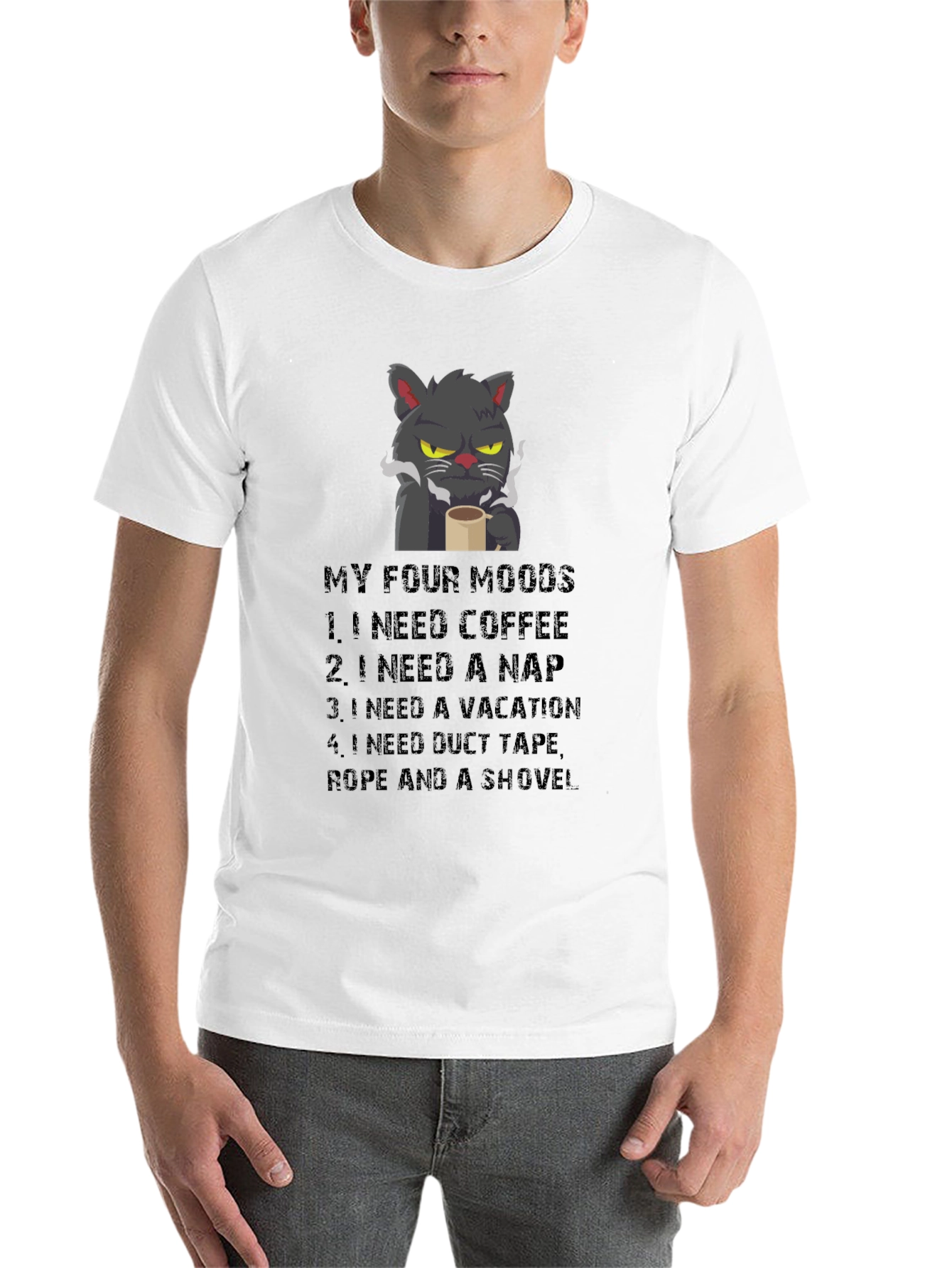 Black Funny Cat Moods T-Shirt - Coffee, Naps, Vacation, Duct Tape view 14