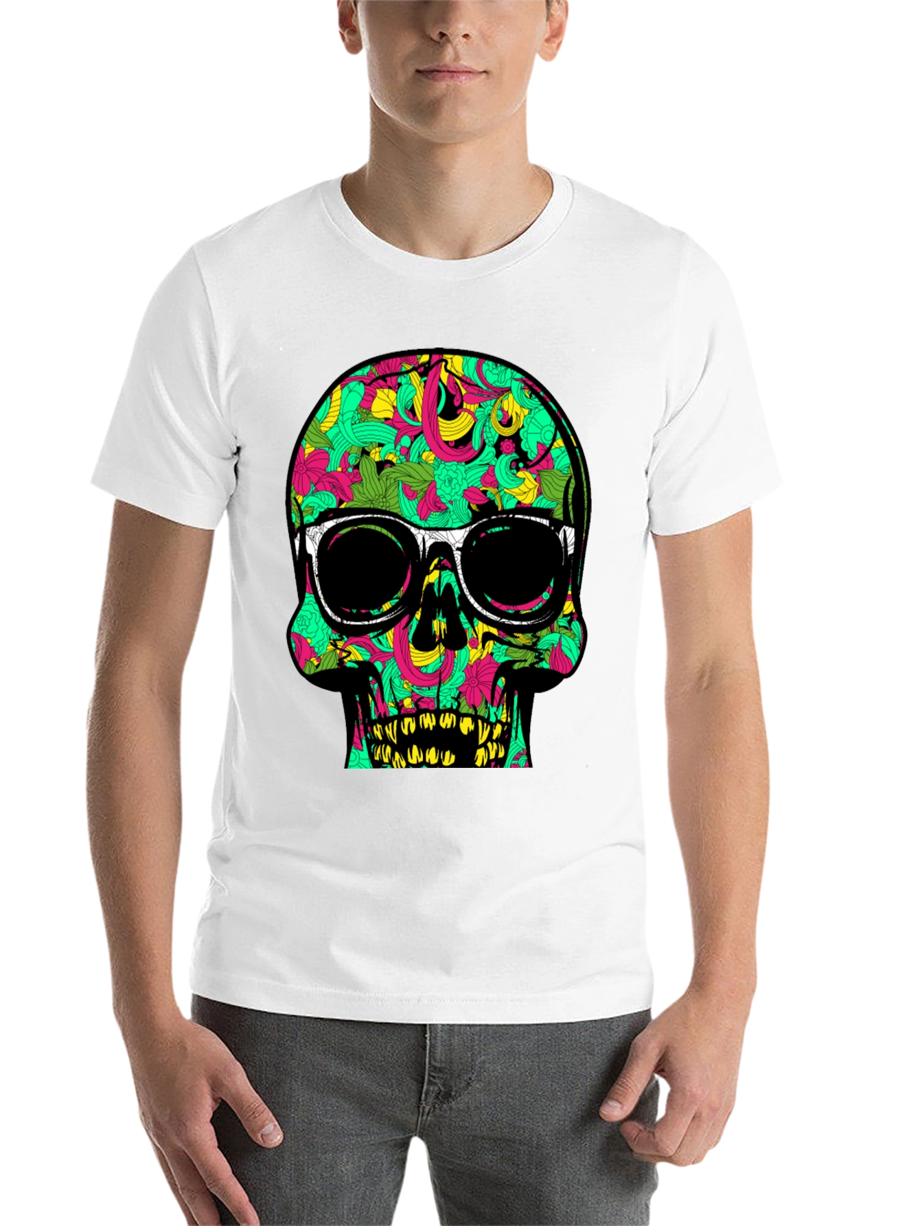 Black Cool Skull T-Shirt with Floral Pattern and Sunglasses view 14